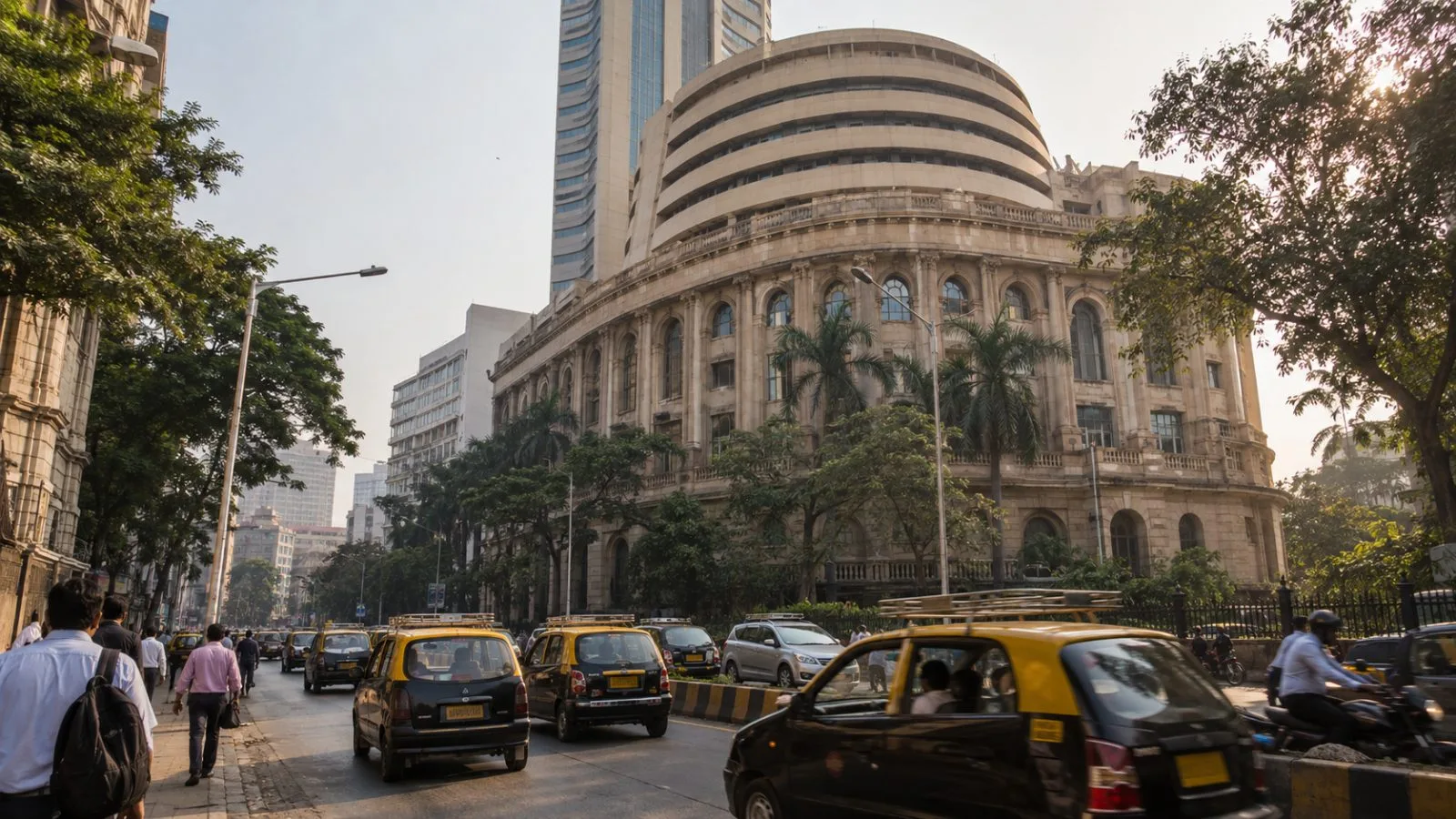 Pedestrians and taxis pass the Bombay Stock Exchange on Dalal Street in Mumbai. (AI-generated image / EconoTimes)