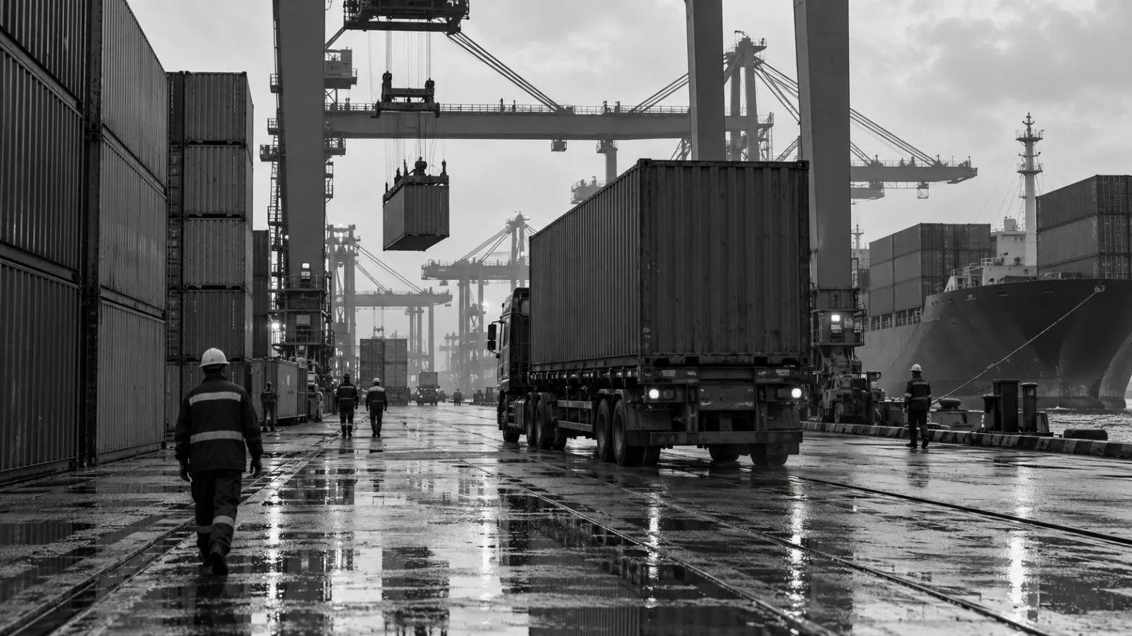 A container truck passes stacked cargo at Cat Lai Port in Ho Chi Minh City. (AI-generated image / EconoTimes)