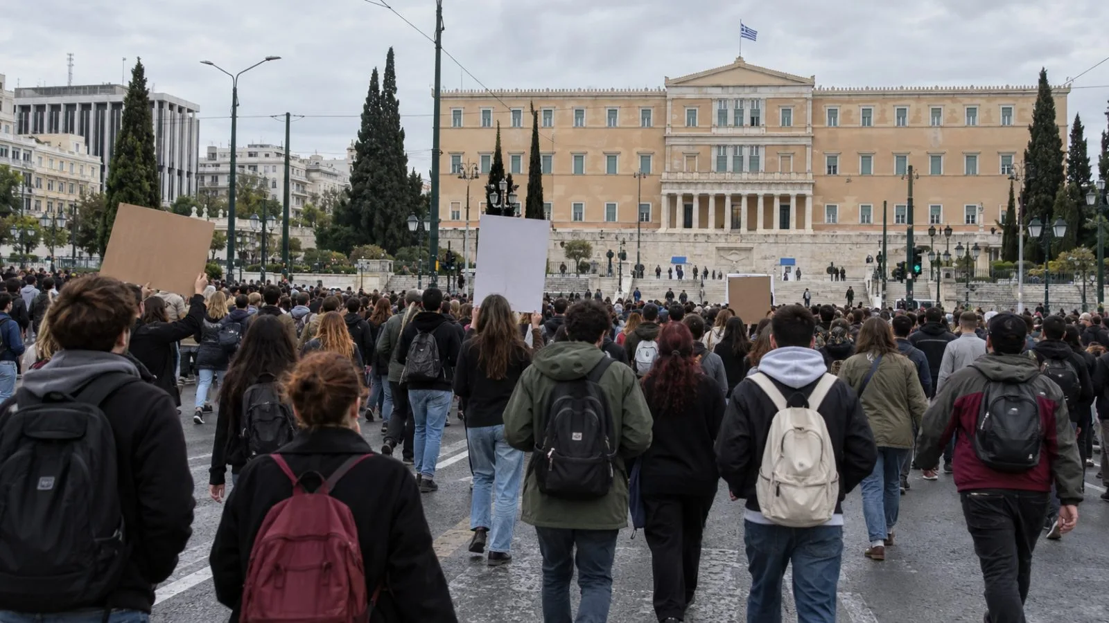 Students and teachers march through central Athens during a protest over school funding and living costs. (AI-generated image / EconoTimes)