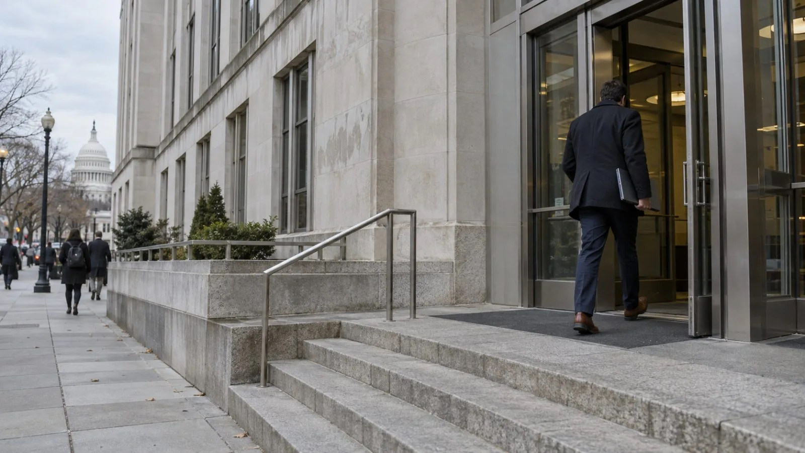 A technology contractor enters a federal civilian agency office building in Washington, D.C. (AI-generated image / EconoTimes)
