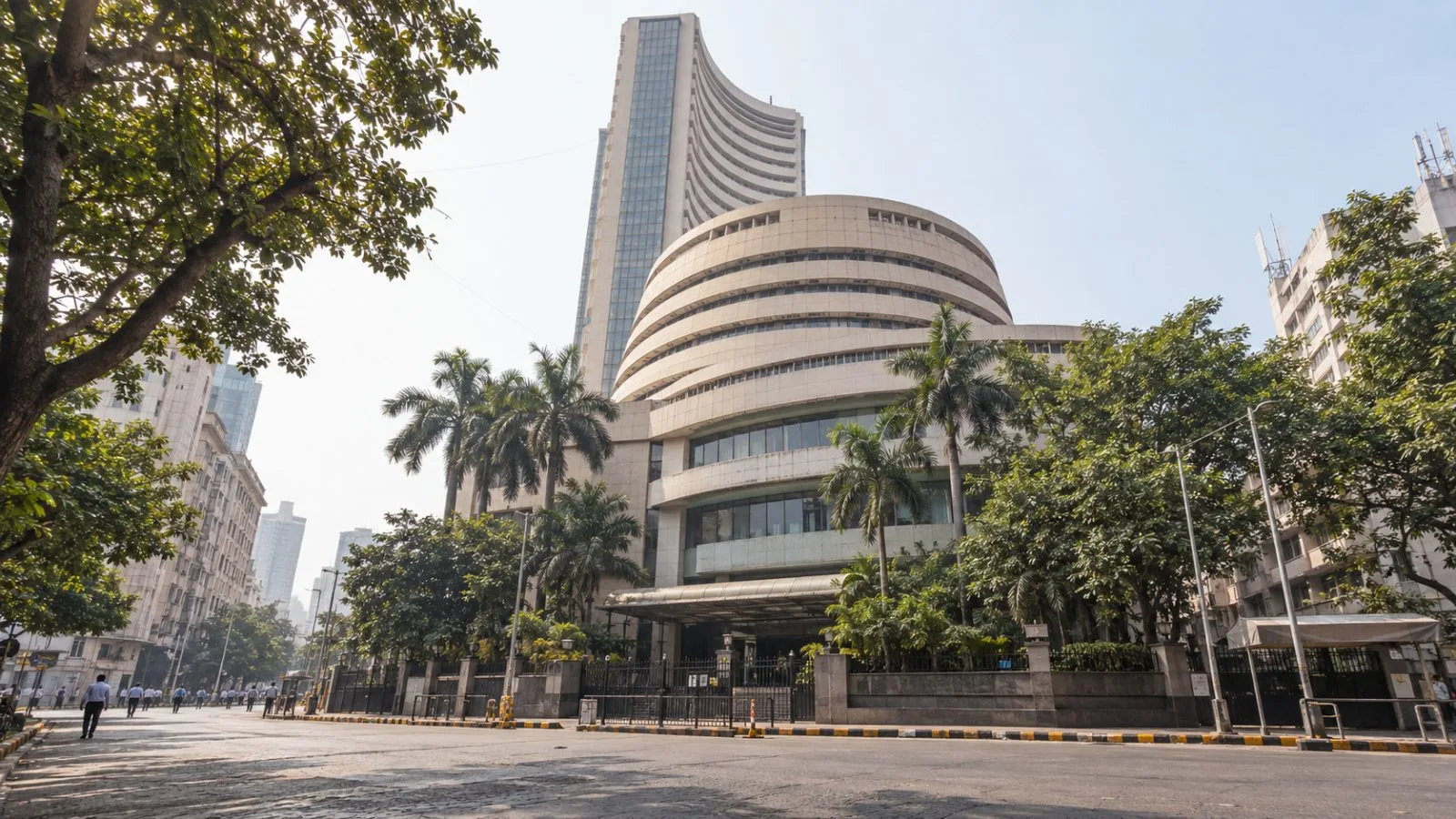 The Bombay Stock Exchange building overlooks a quiet Dalal Street in Mumbai. (AI-generated image / EconoTimes)