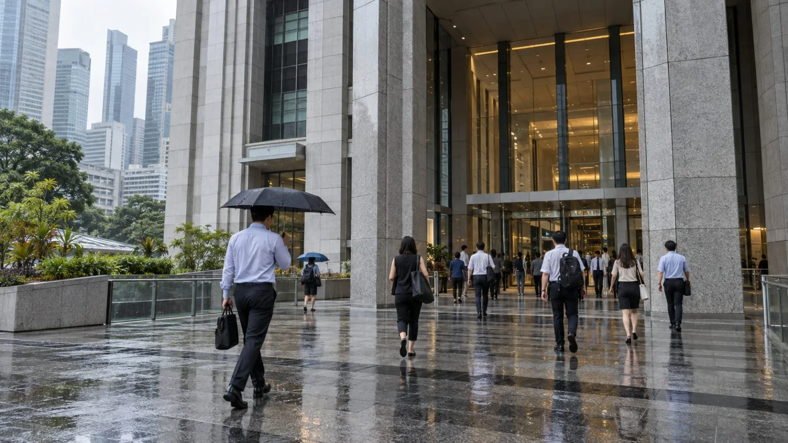 Office workers enter a bank tower in Singapore’s Raffles Place financial district. (AI-generated image / EconoTimes)
