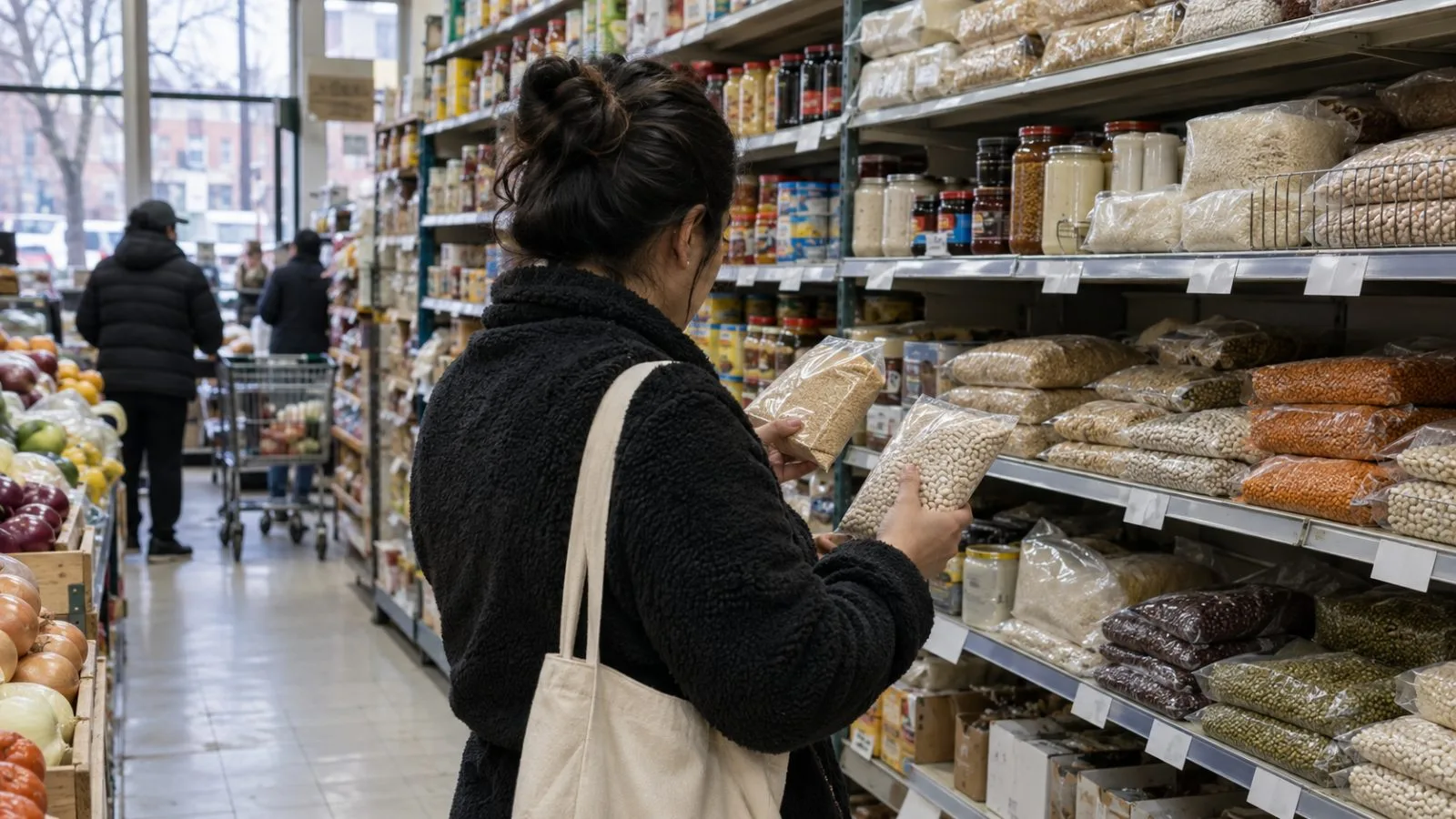 A shopper compares packaged food prices in a grocery aisle in Queens, New York. (AI-generated image / EconoTimes)