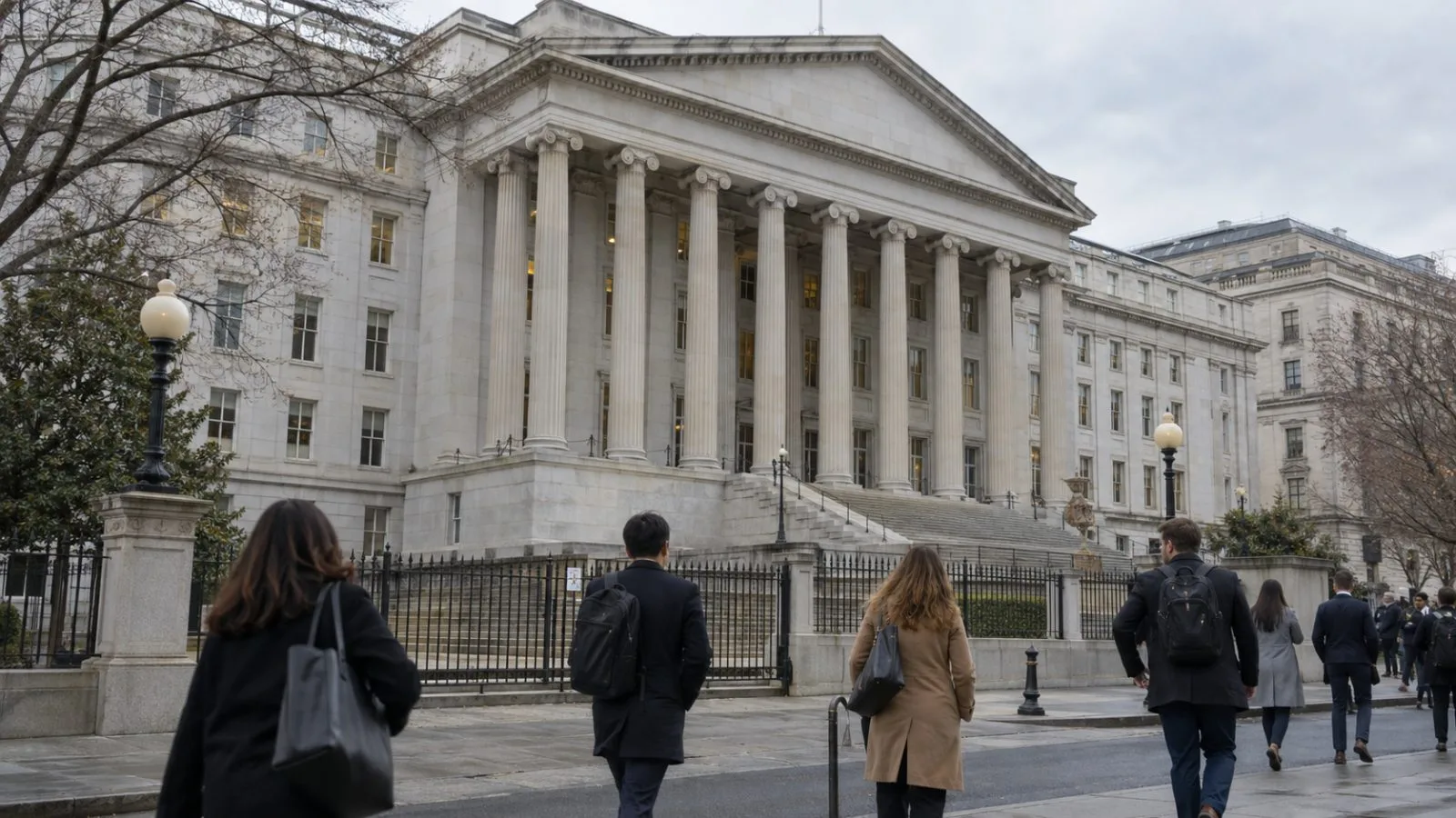 Pedestrians pass the U.S. Treasury building in Washington on an overcast afternoon. (AI-generated image / EconoTimes)