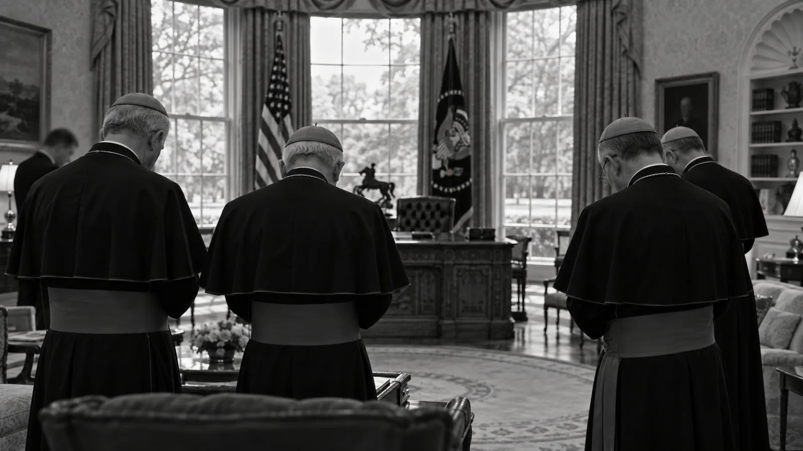 Catholic bishops gather for prayer inside the Oval Office at the White House in Washington, D.C. (AI-generated image / EconoTimes)