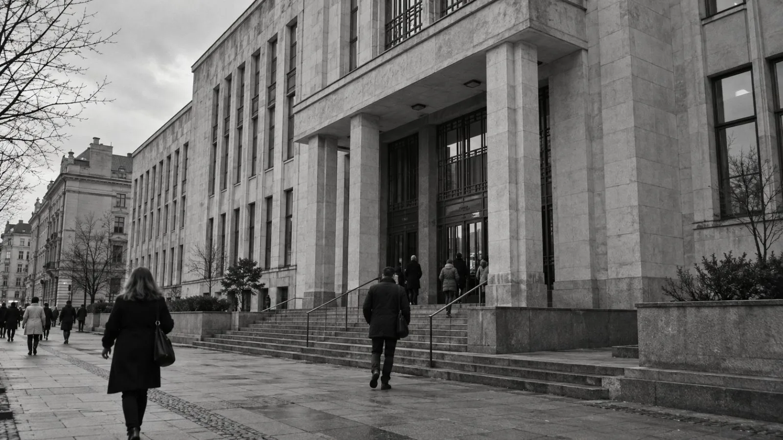 Pedestrians pass the Regional Prosecutor’s Office in Łódź, Poland, on an overcast afternoon. (AI-generated image / EconoTimes)