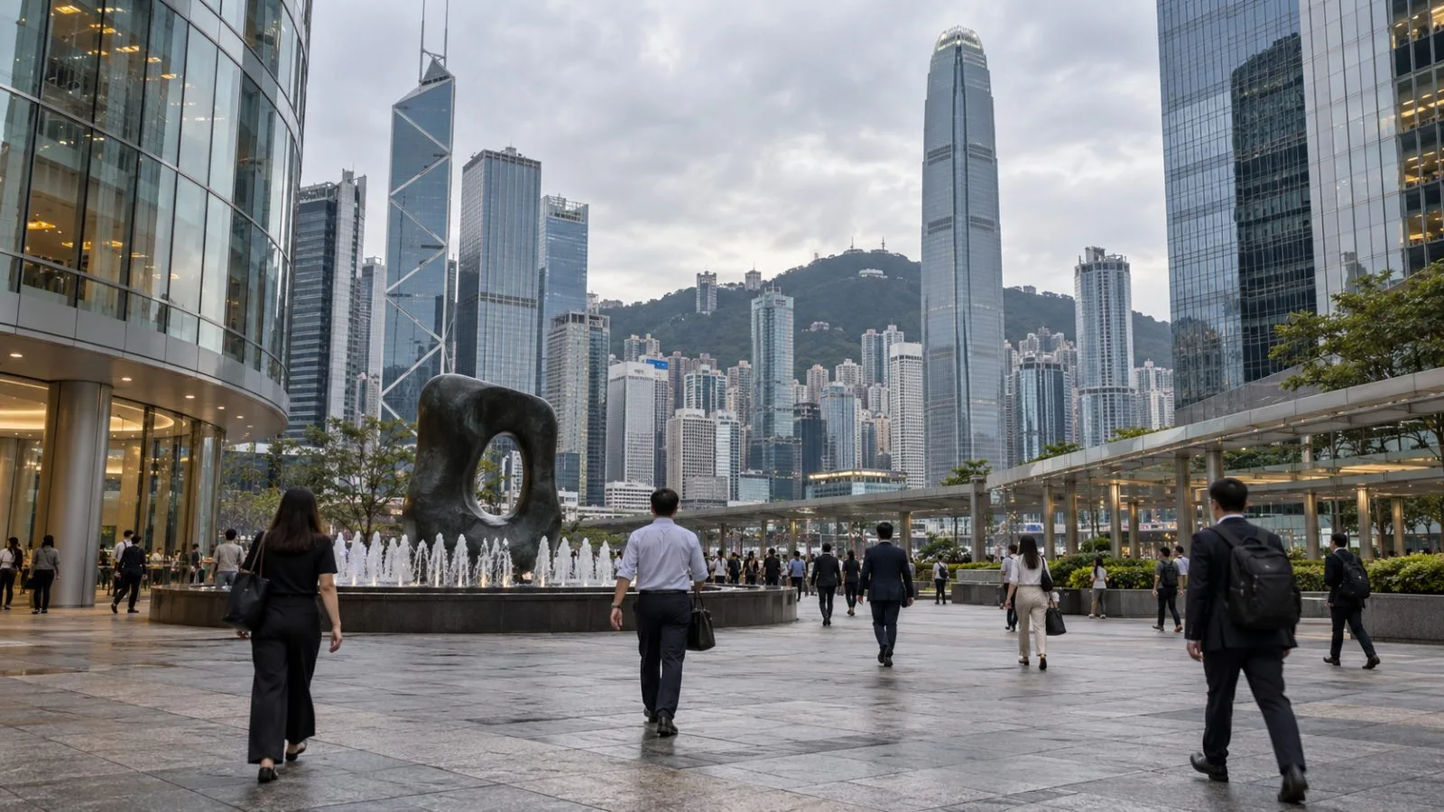 Commuters cross Exchange Square beneath the towers of Hong Kong’s Central financial district. (AI-generated image / EconoTimes)