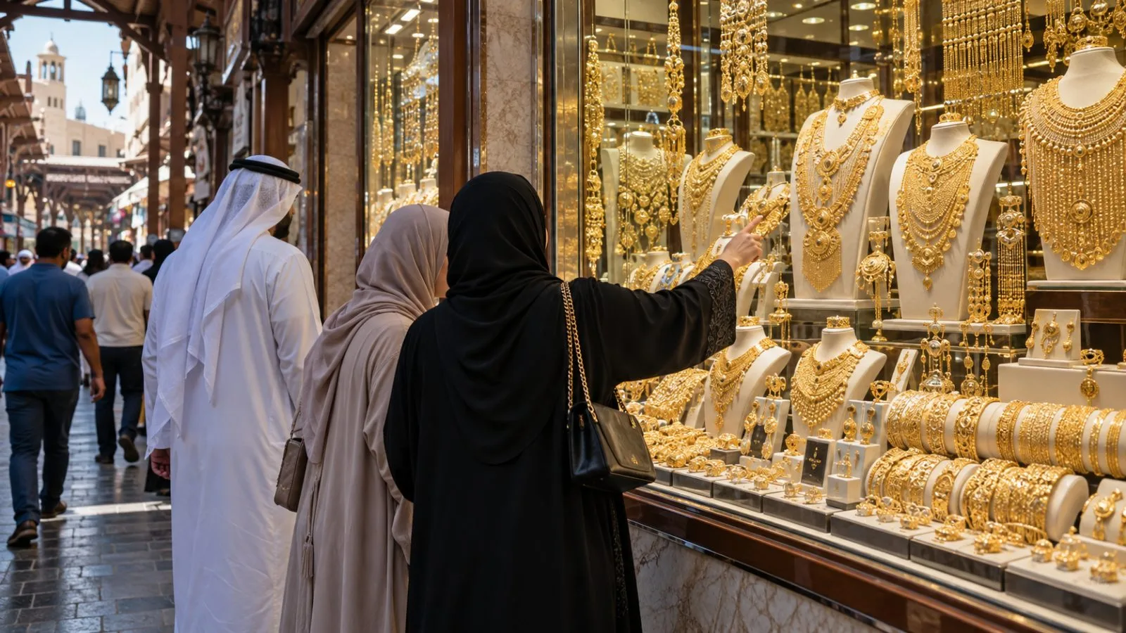 Shoppers examine gold jewelry in a shop window at Dubai's Gold Souk. (AI-generated image / EconoTimes)