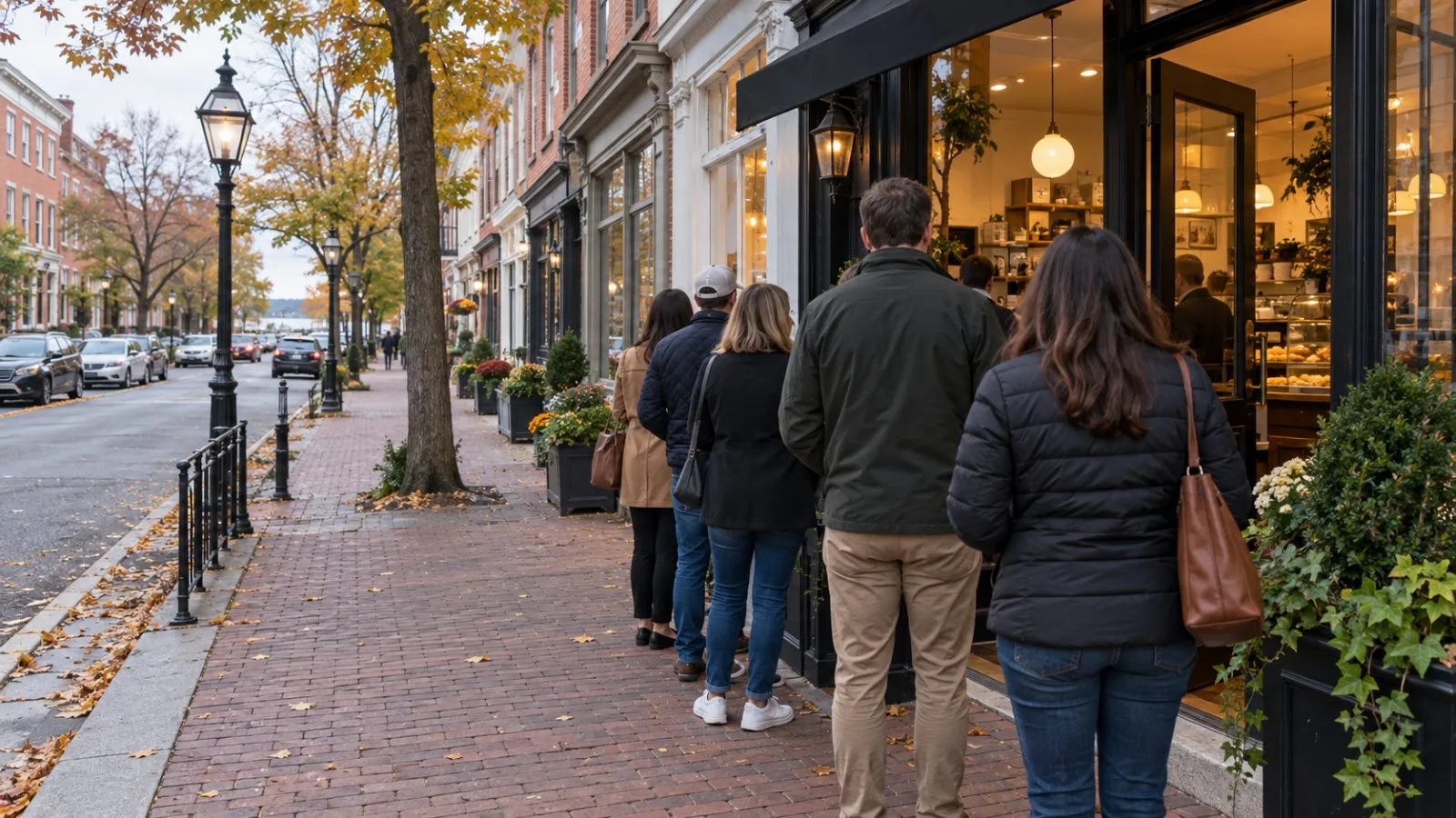 Customers queue outside a cafe on King Street in Old Town Alexandria, Virginia. (AI-generated image / EconoTimes)