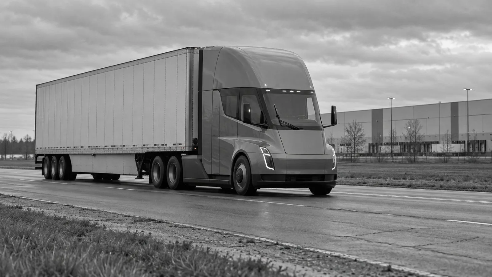 An electric freight truck passes a logistics facility in Marysville, Ohio. (AI-generated image / EconoTimes)