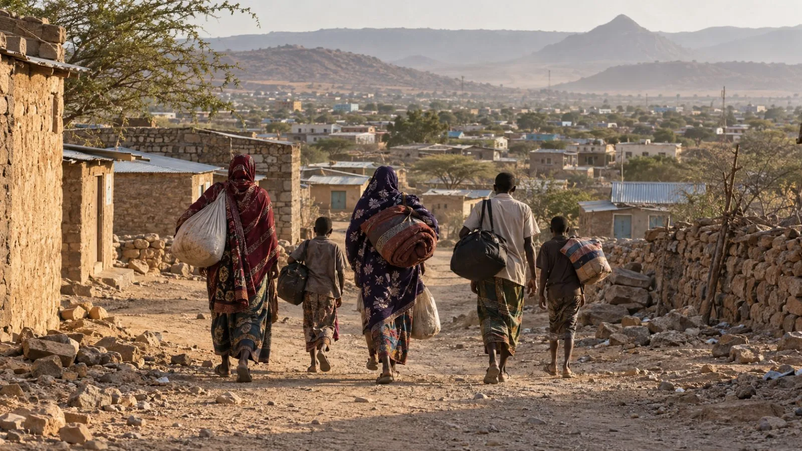 Displaced people carry belongings along a road in Moyale, northern Kenya (AI-generated image / EconoTimes)