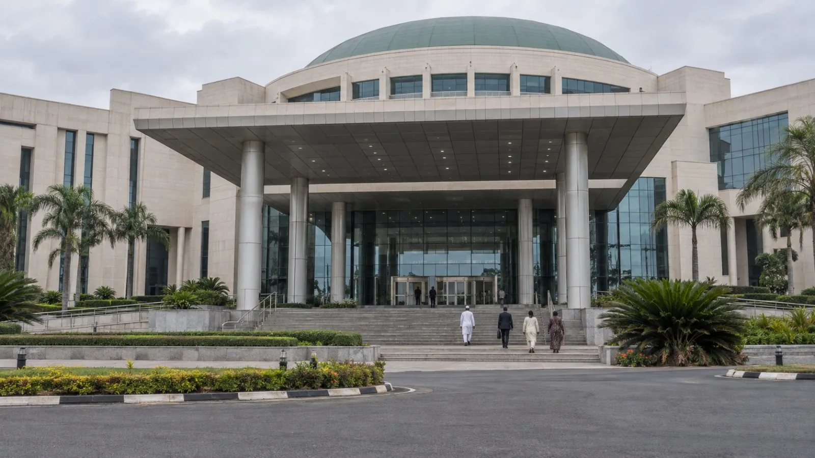 Visitors approach the State House Conference Centre in Abuja, Nigeria, under overcast skies. (AI-generated image / EconoTimes)