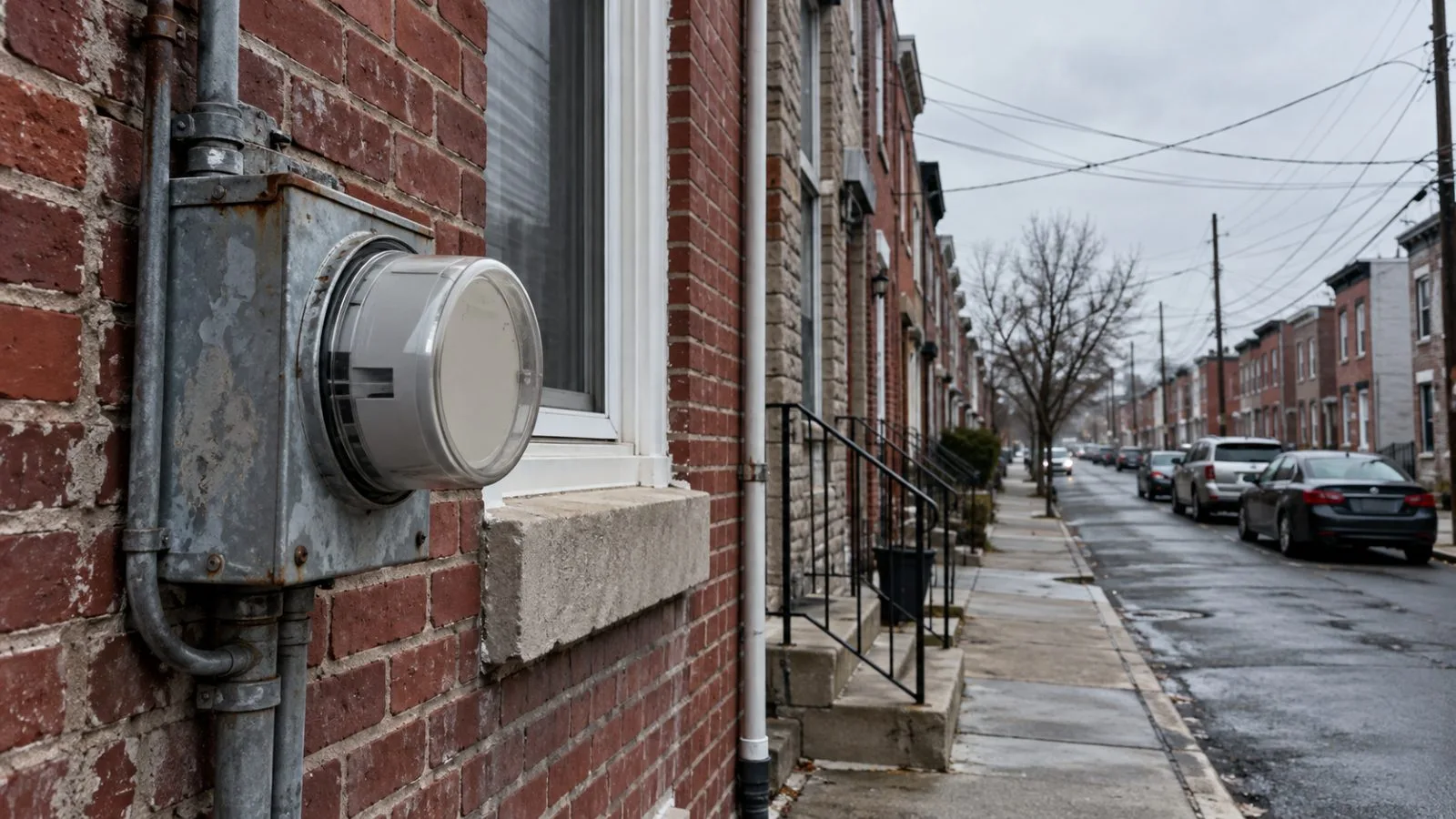 An electric meter is mounted on a row house in Philadelphia, Pennsylvania. (AI-generated image / EconoTimes)