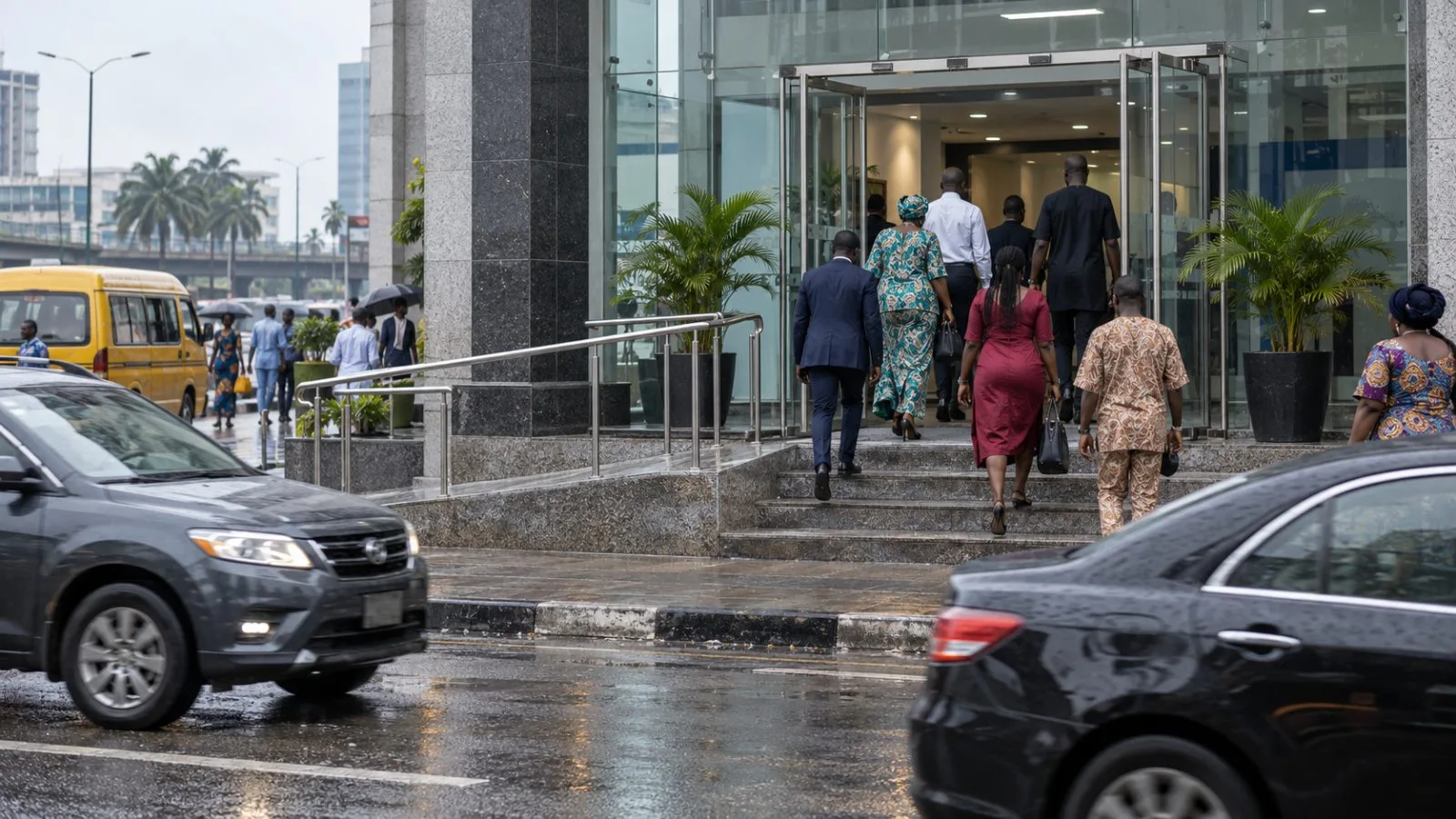 Customers enter a commercial bank branch on a busy street in Lagos, Nigeria. (AI-generated image / EconoTimes)