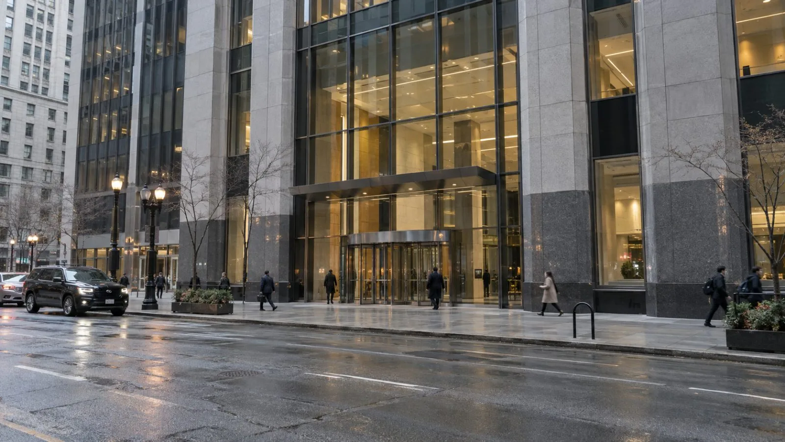 Pedestrians pass Cboe's Chicago offices on West Van Buren Street under an overcast morning sky. (AI-generated image / EconoTimes)