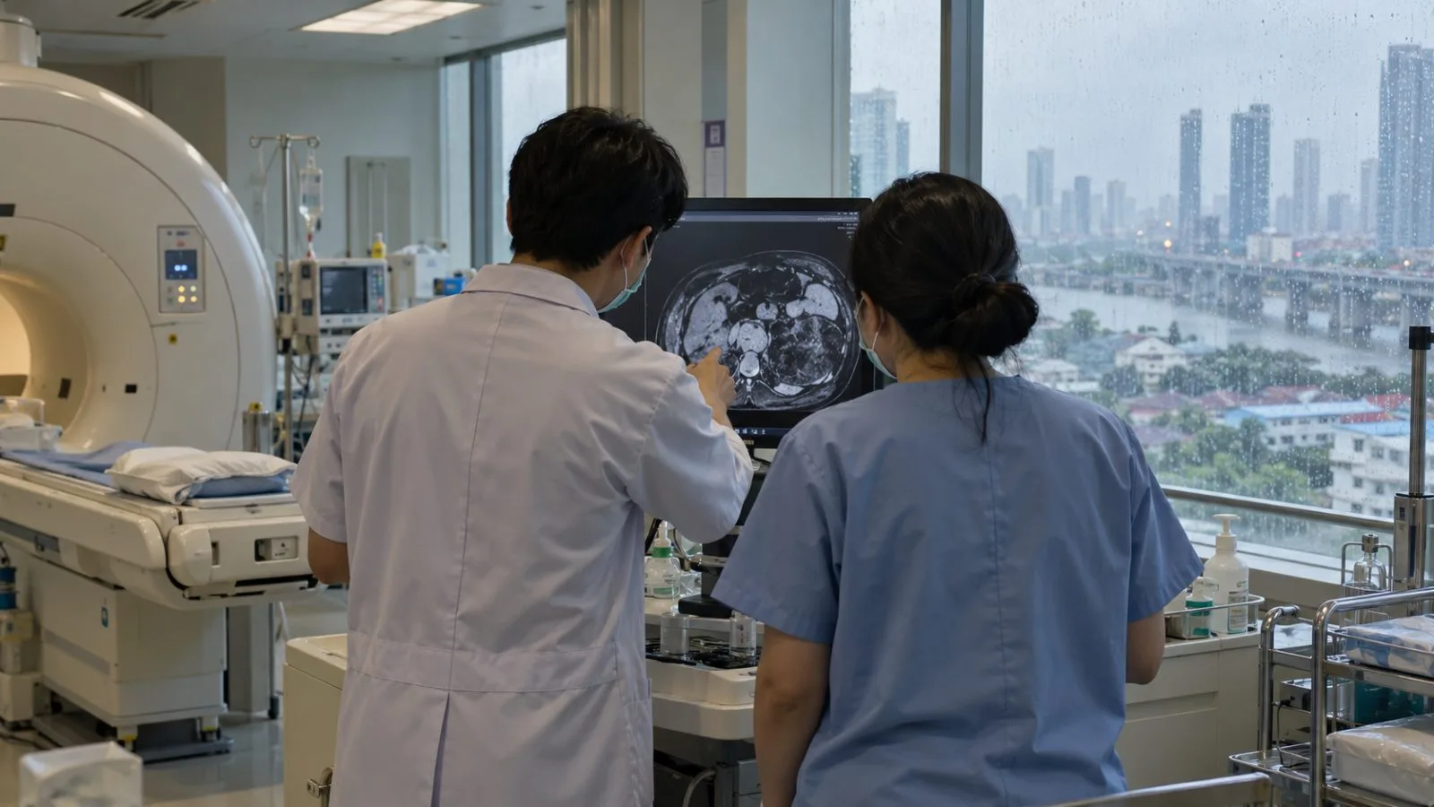 Hospital staff review a medical scan in a radiology room in Bangkok, Thailand. (AI-generated image / EconoTimes)