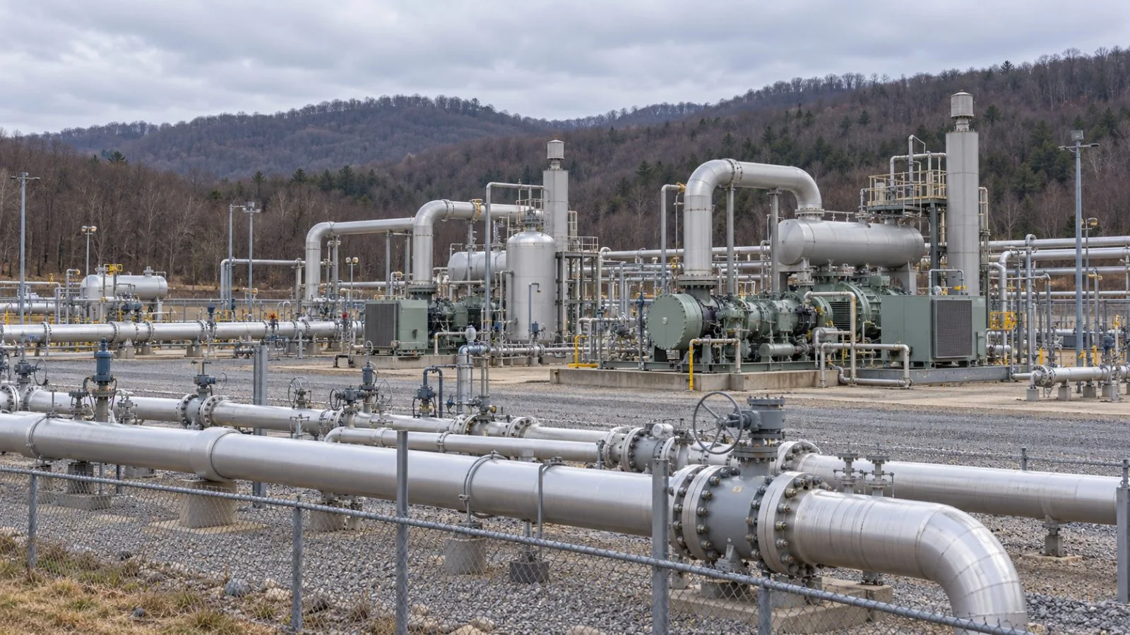 Pipelines and compressor equipment stand at a natural gas station near Clarksburg, West Virginia / EconoTimes.ai