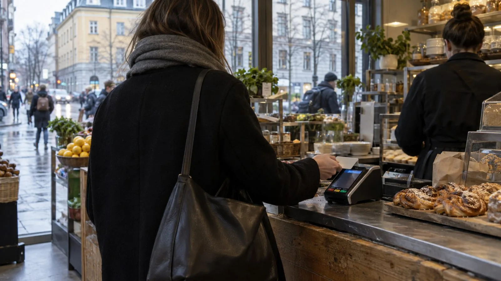 A shopper taps a payment terminal at a neighborhood shop counter in Stockholm, Sweden. (AI-generated image / EconoTimes)