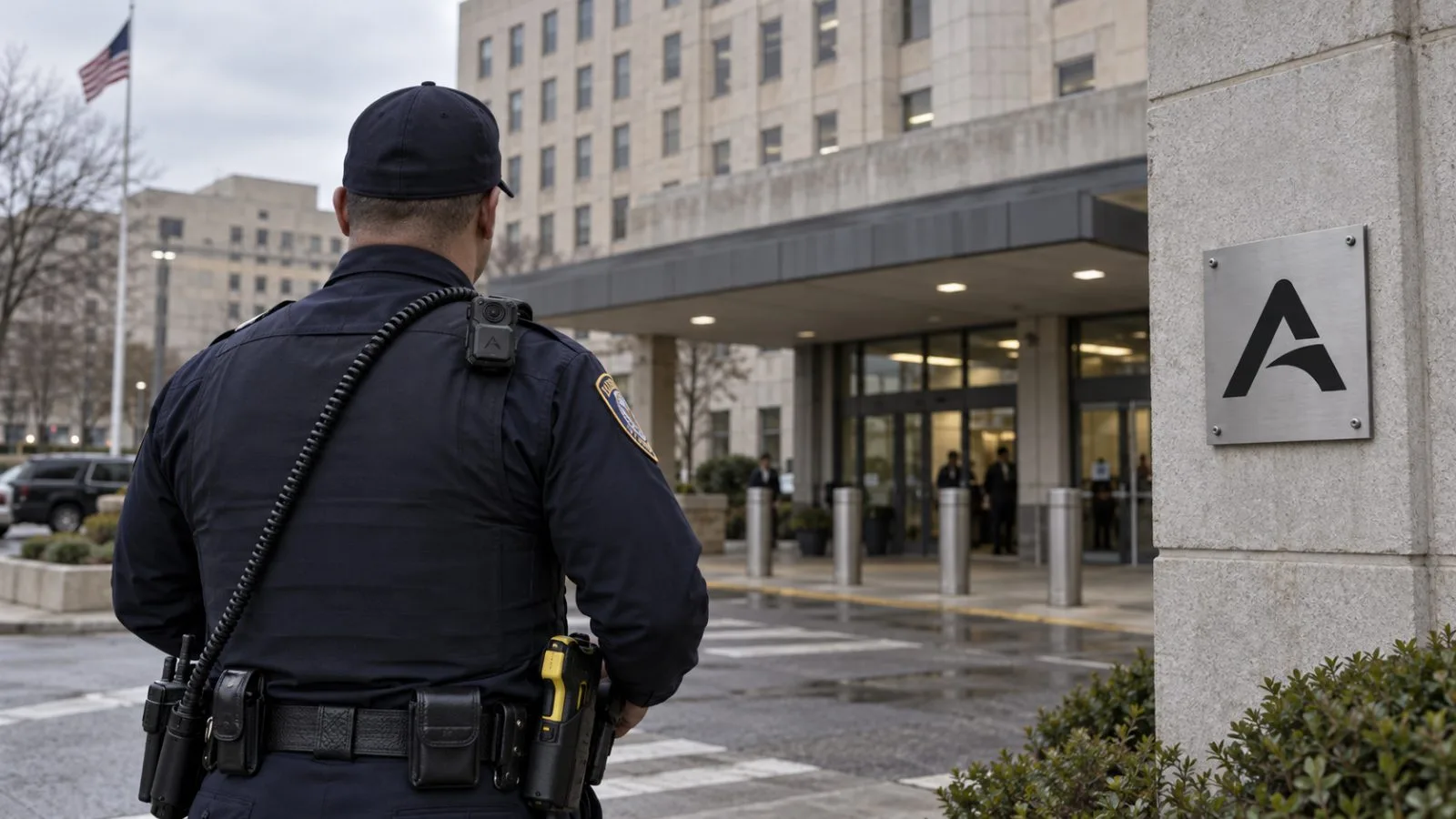 A VA police officer stands outside a Department of Veterans Affairs medical center in Washington, D.C. / EconoTimes.ai