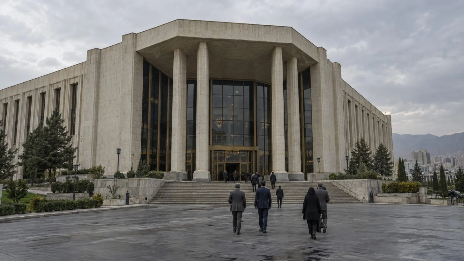 Visitors enter Iran’s parliament building in Tehran under an overcast afternoon sky. (AI-generated image / EconoTimes)