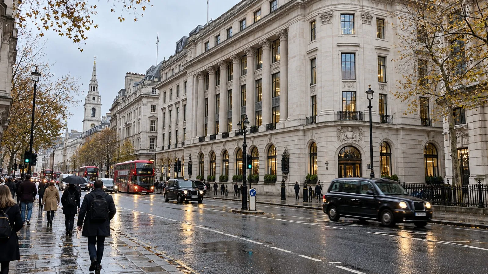 Commuters pass Pearson’s headquarters along the Strand in London on a damp morning. (AI-generated image / EconoTimes)