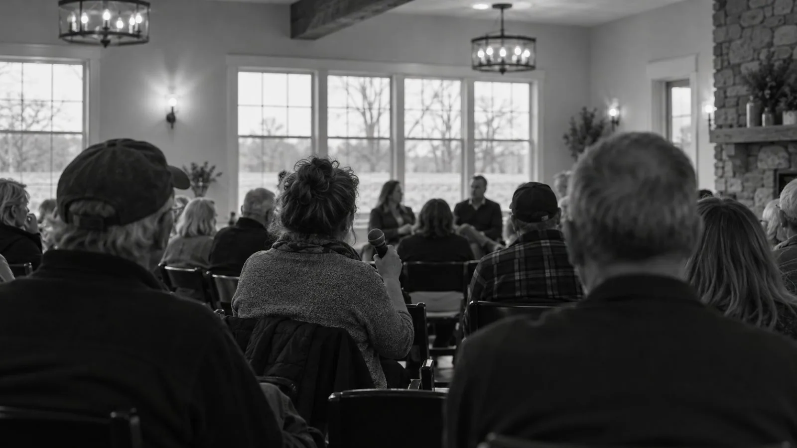 Residents listen during a town hall at Farmhouse Event Center in Flat Rock, Michigan, United States. (AI-generated image / EconoTimes)