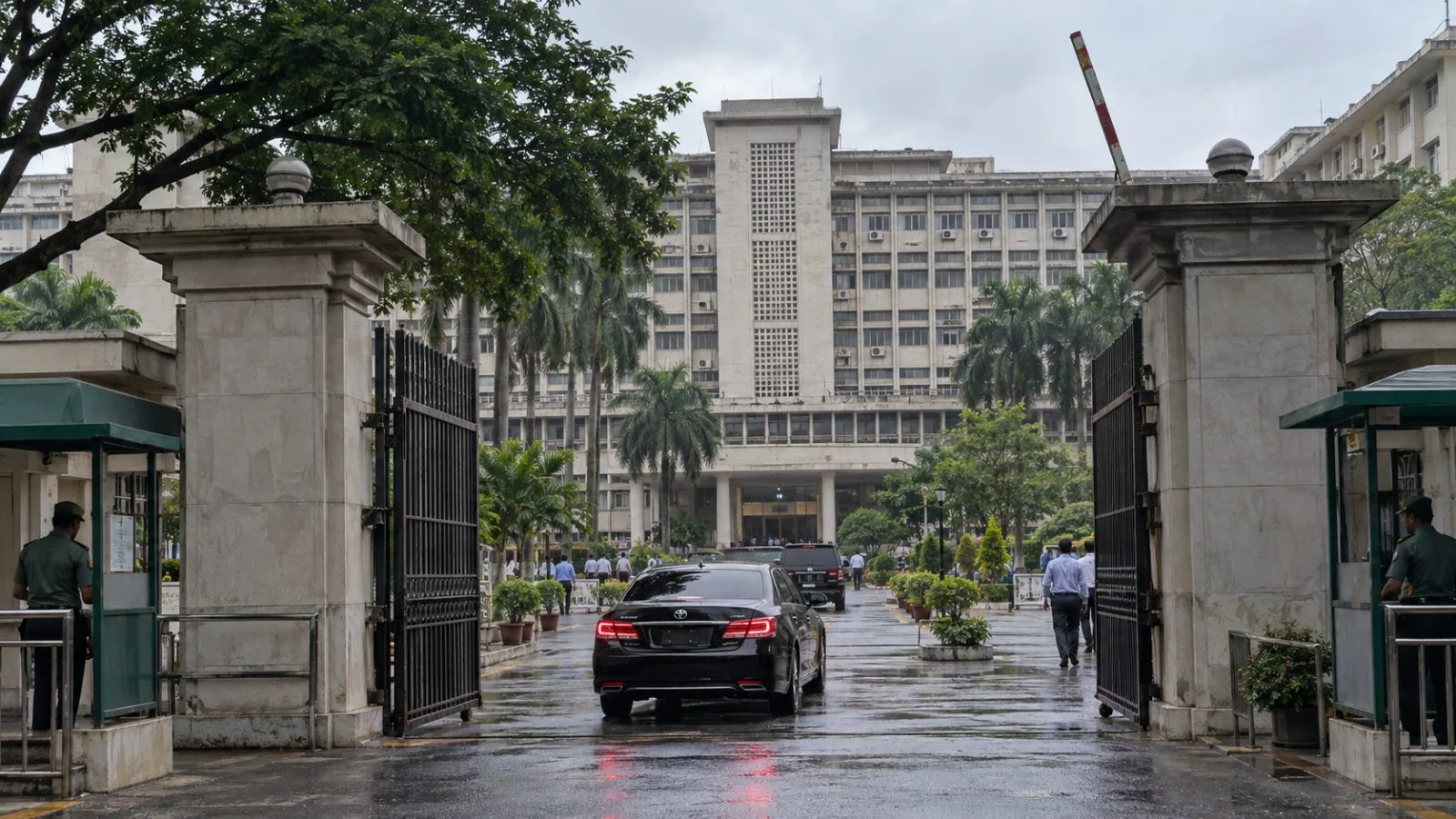 A government vehicle enters the Bangladesh Secretariat compound in Dhaka beneath an overcast evening sky (AI-generated image / EconoTimes)
