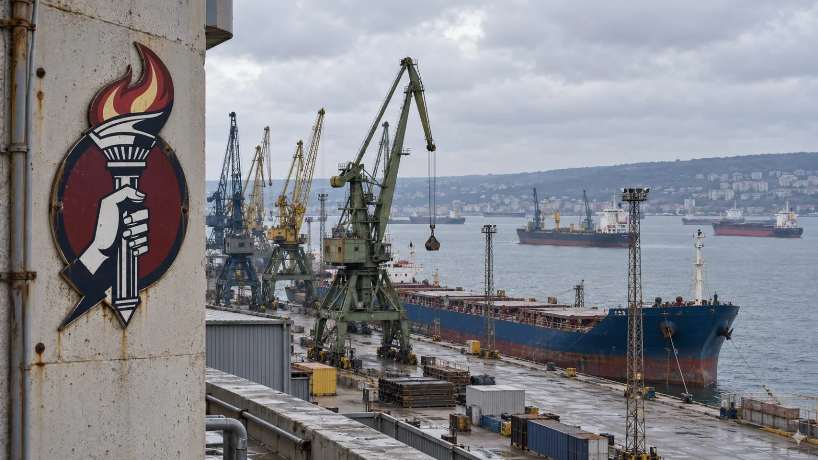 Cargo vessels sit offshore beyond the harbor cranes in Varna, Bulgaria. / EconoTimes.ai