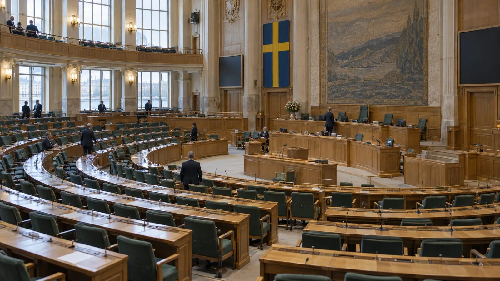 Rows of seats fill the Riksdag chamber in Stockholm, Sweden. (AI-generated image / EconoTimes)