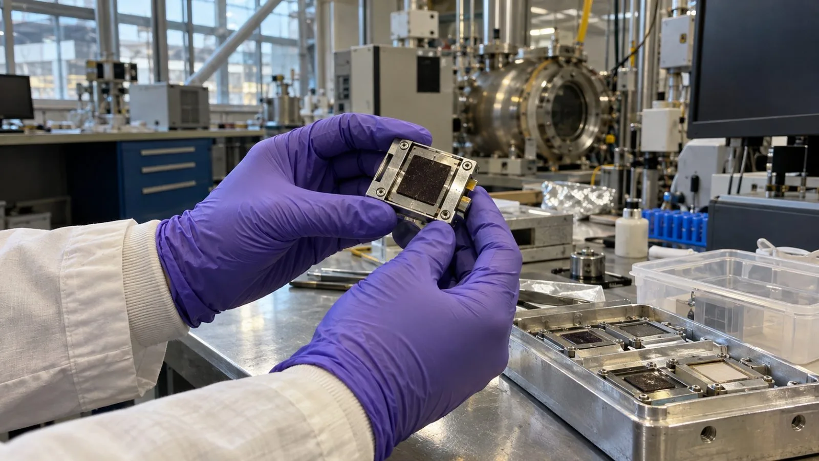 Gloved hands examine a polymer test coupon at NASA Glenn Research Center in Cleveland, Ohio. (AI-generated image / EconoTimes)