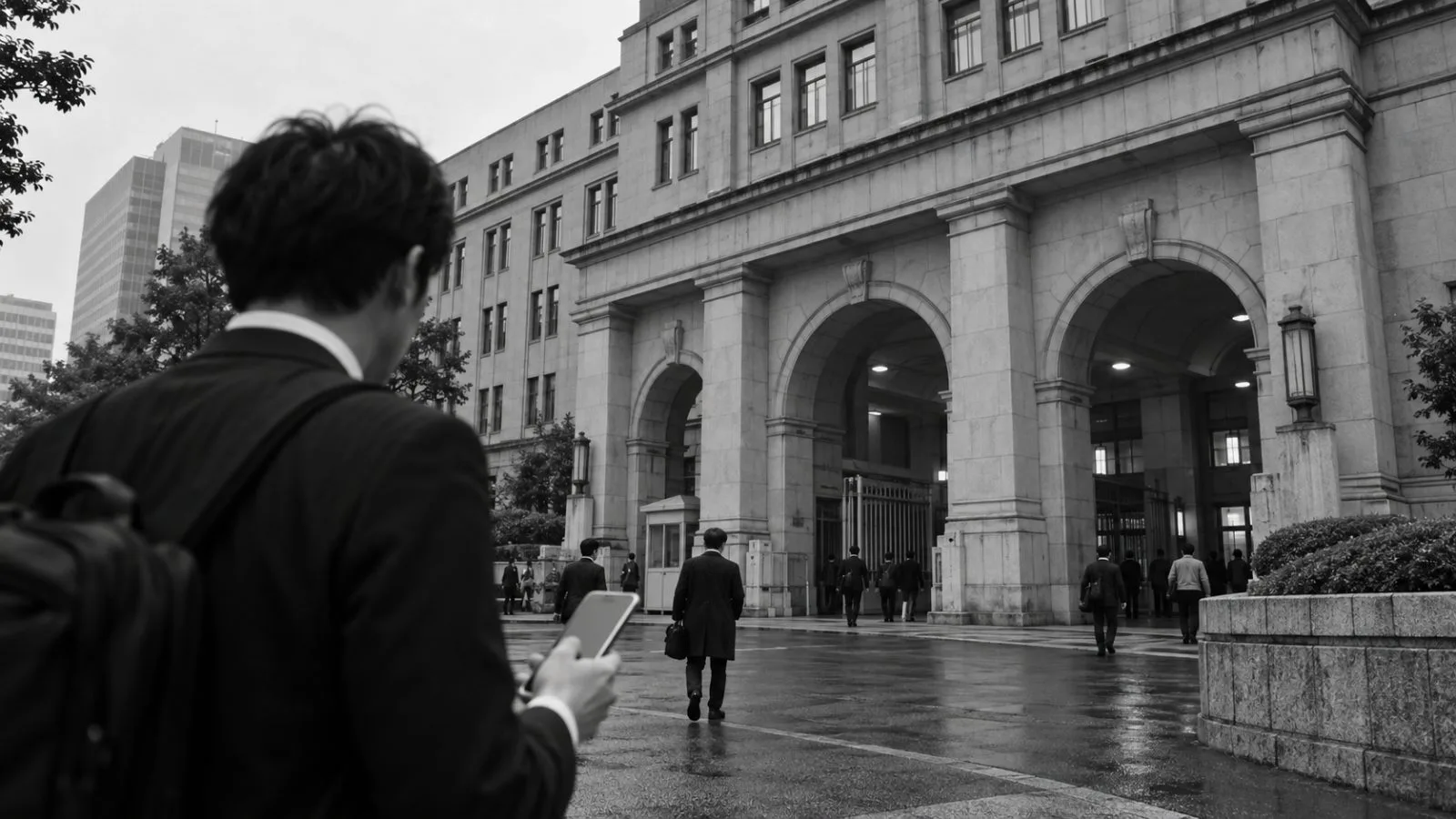 A commuter holds a smartphone outside Japan’s Ministry of Finance in Tokyo’s Kasumigaseki district. (AI-generated image / EconoTimes)