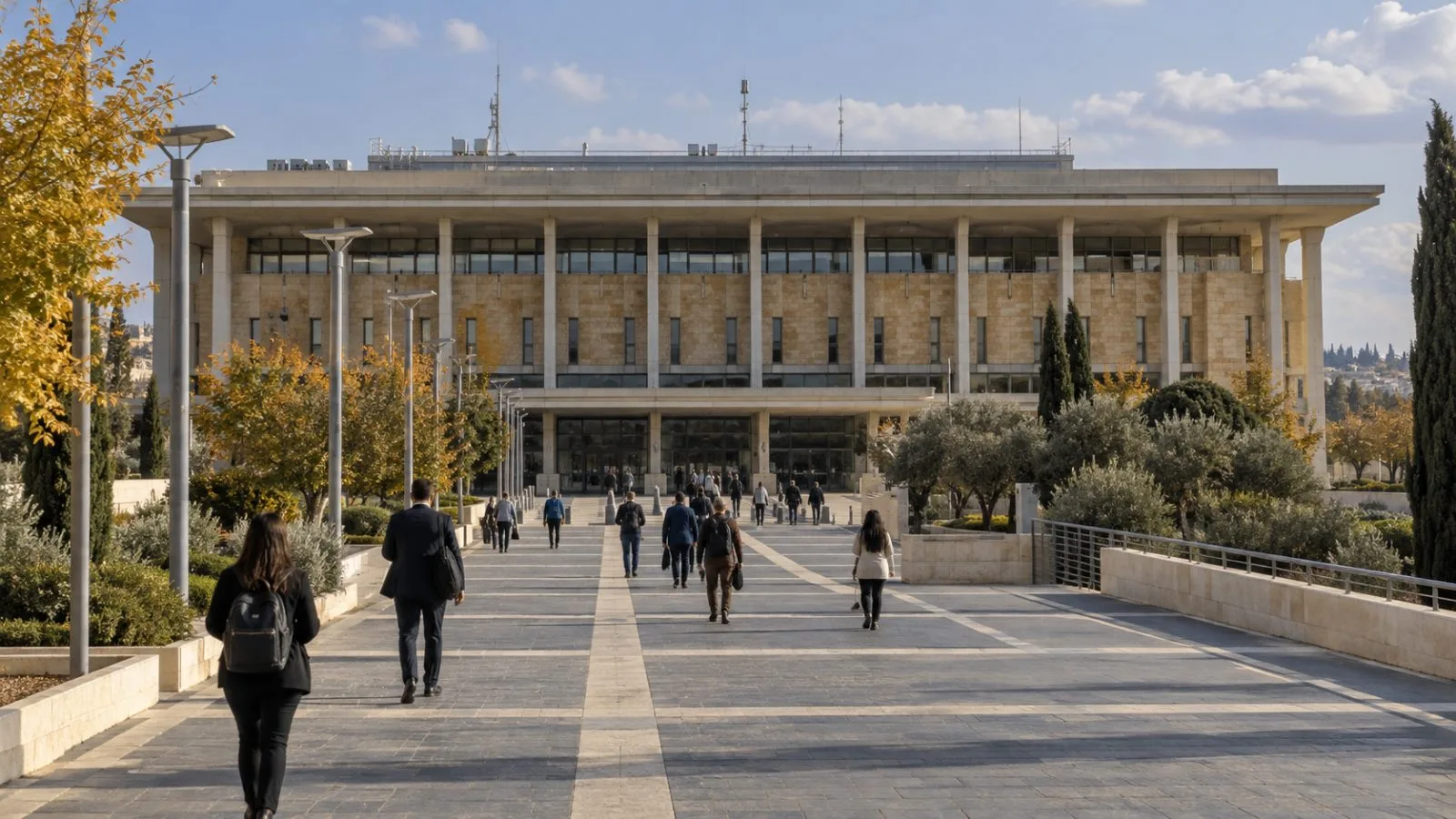 Pedestrians pass outside the Knesset in Jerusalem on a clear afternoon. (AI-generated image / EconoTimes)