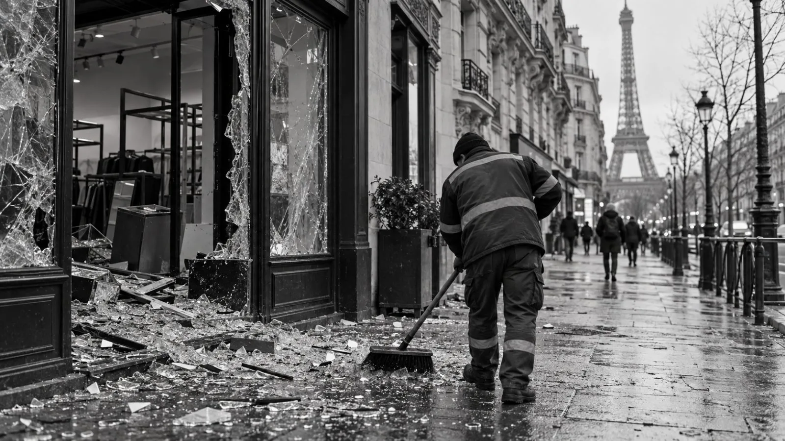 A worker clears broken glass outside a damaged shop on a Paris shopping street. (AI-generated image / EconoTimes)