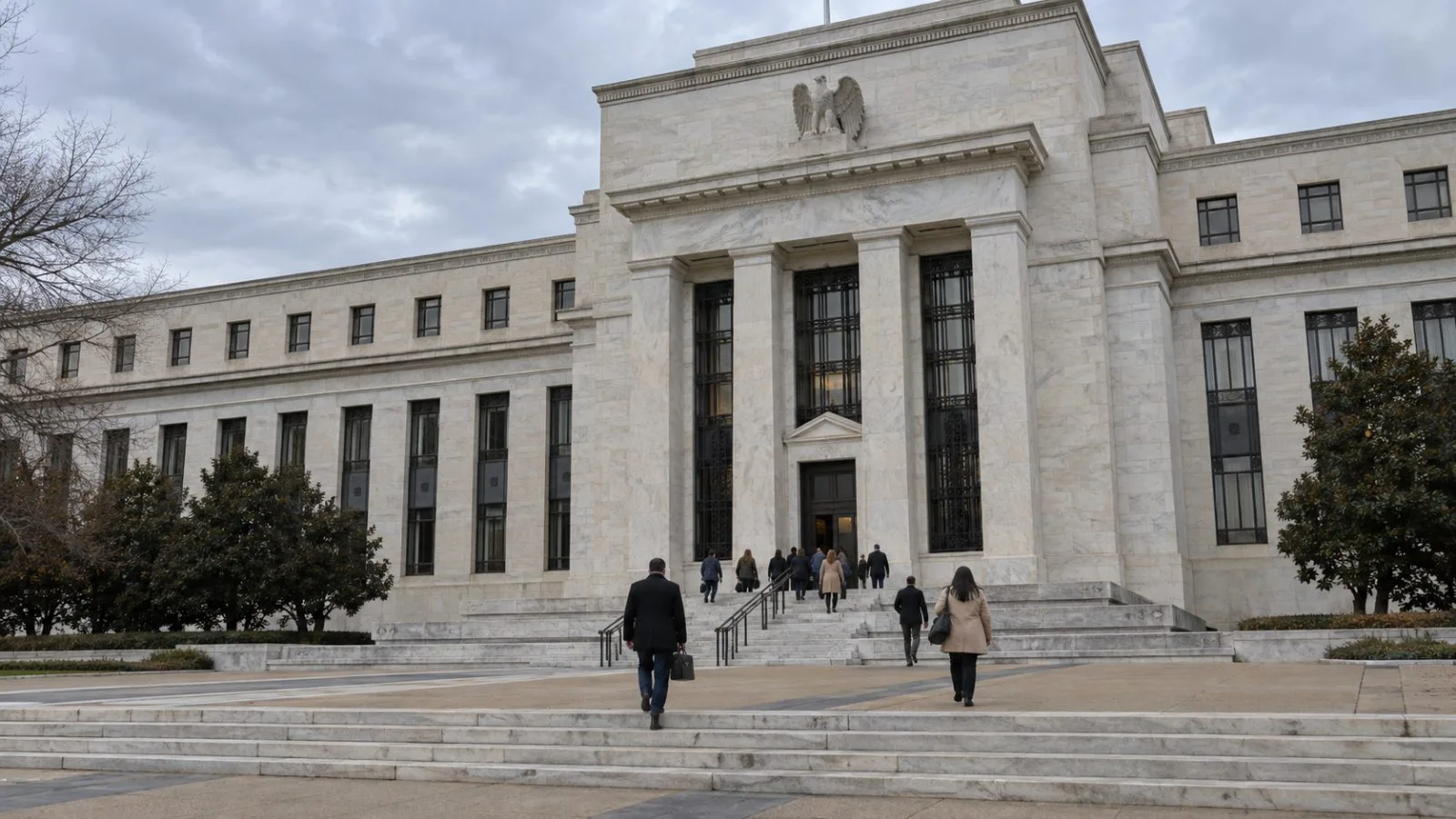 Visitors leave the Federal Reserve Board building in Washington under overcast skies. (AI-generated image / EconoTimes)