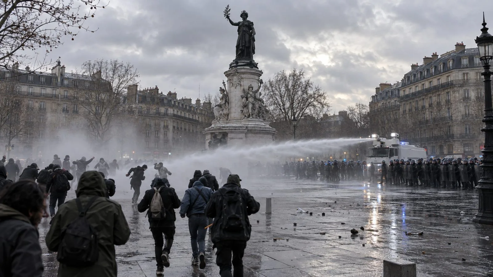 Police disperse demonstrators at Place de la République in Paris, France (AI-generated image / EconoTimes)