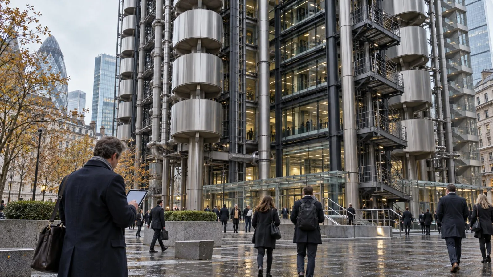 Pedestrians cross the forecourt at the Lloyd’s building in London. / EconoTimes.ai