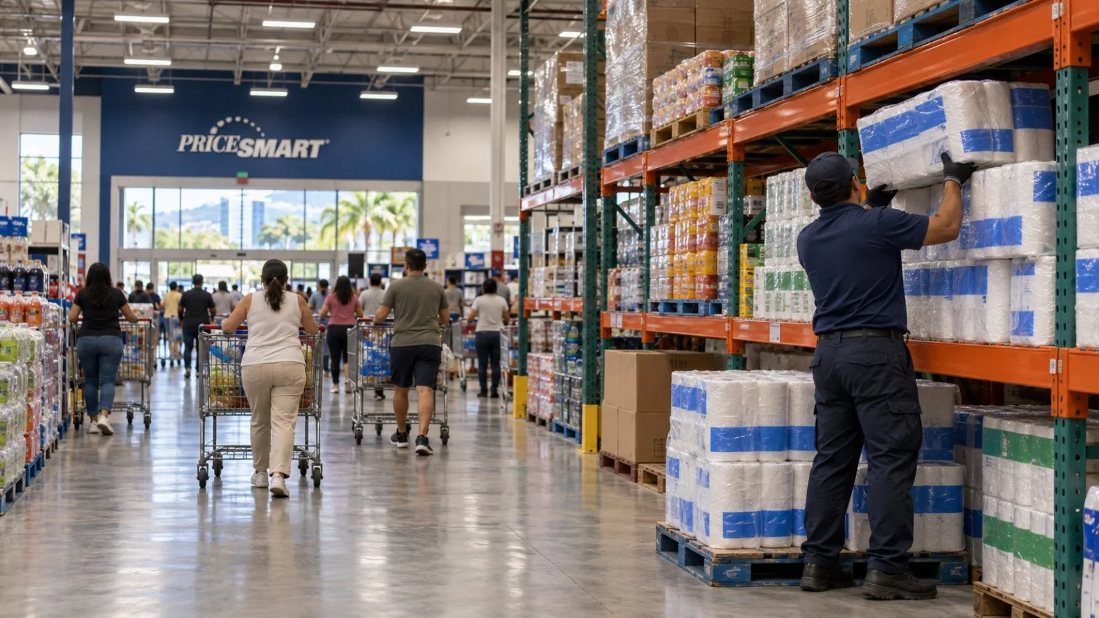 Shoppers pass stacked bulk goods inside a warehouse club in Escazú, Costa Rica. / EconoTimes.ai