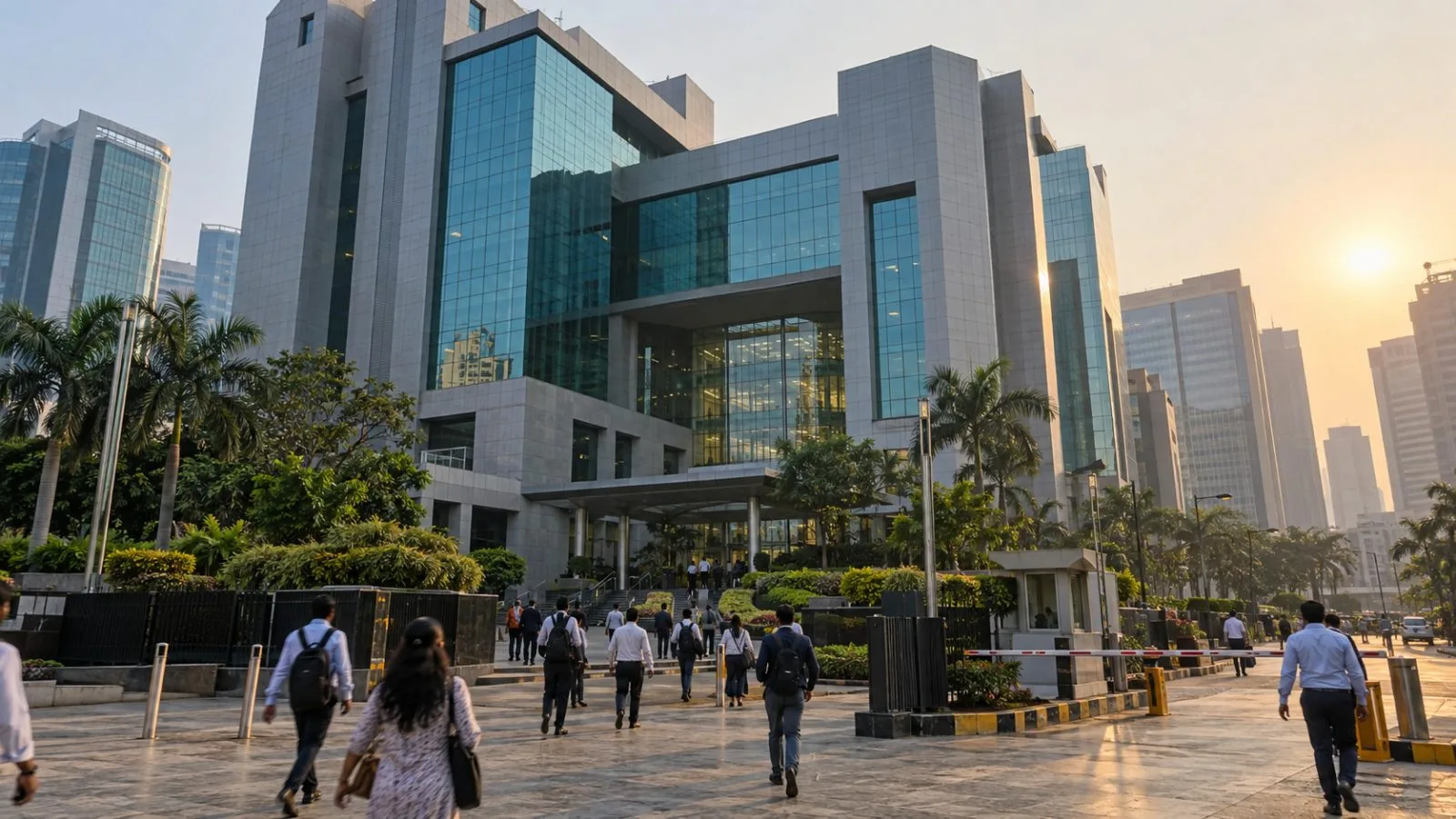 Exchange Plaza stands in Mumbai’s Bandra-Kurla Complex in late-afternoon haze. (AI-generated image / EconoTimes)
