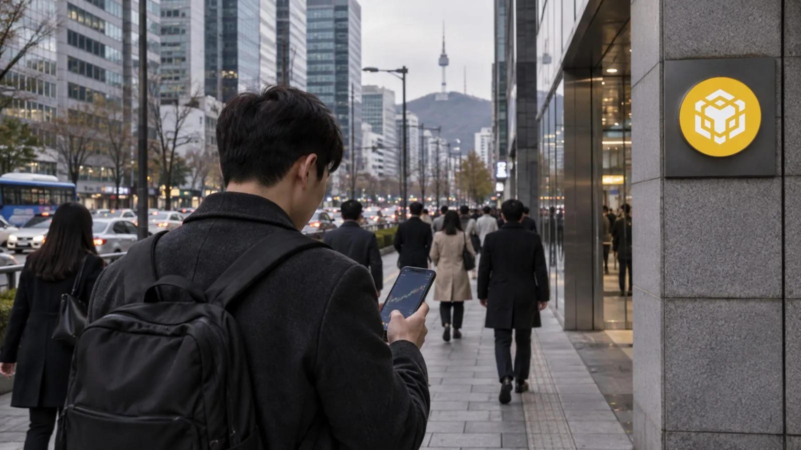 A commuter checks a cryptocurrency app while walking through a business district in Seoul. / EconoTimes.ai