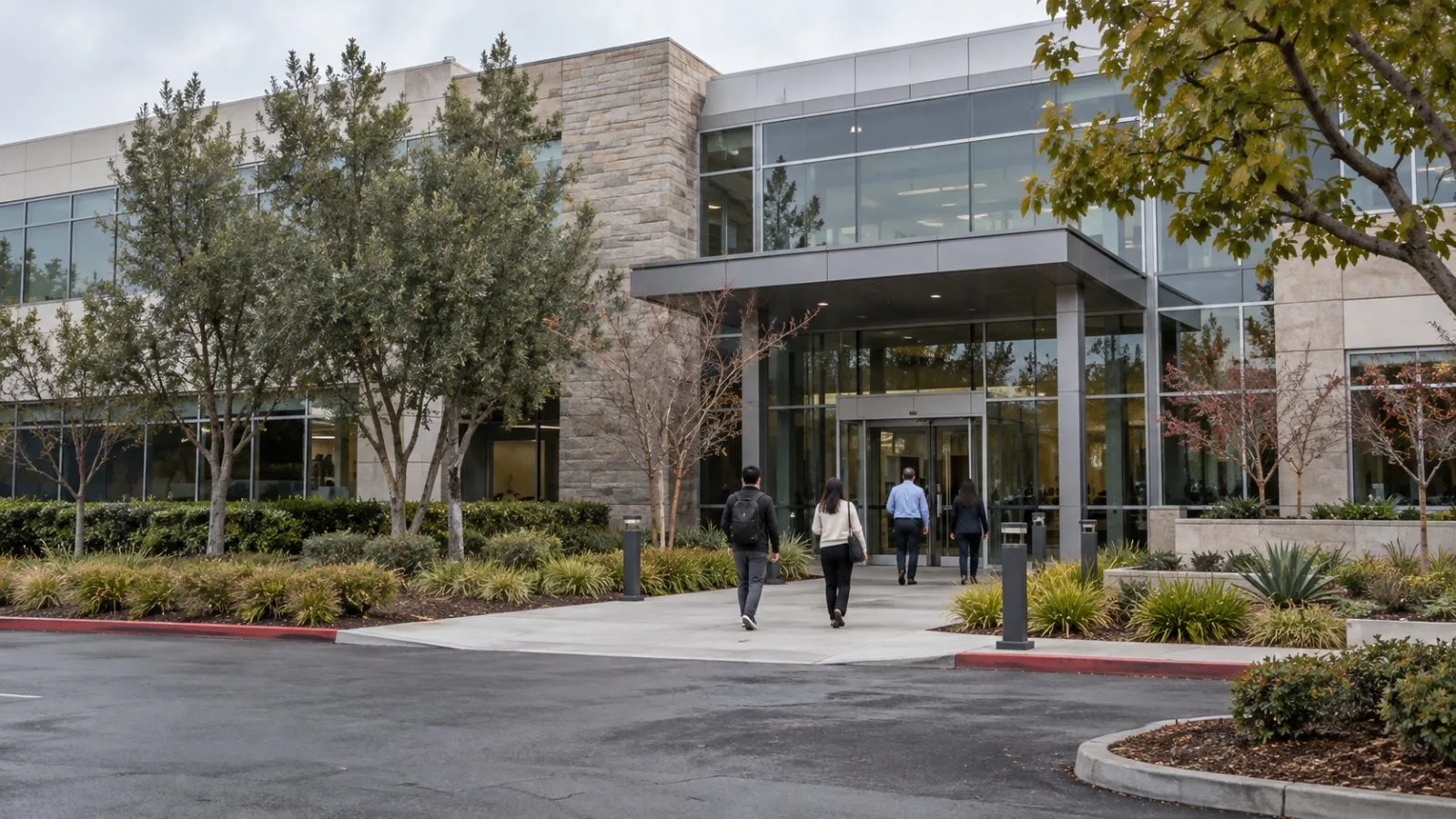 People enter an office building in Pleasanton, California, where Simpson Manufacturing is based. (AI-generated image / EconoTimes)