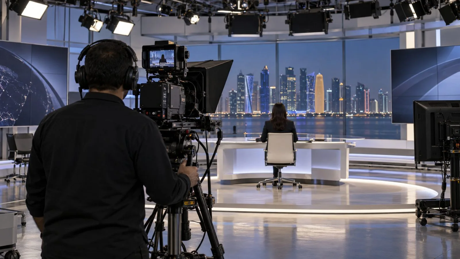 A camera operator films an Arabic-language news broadcast in a television studio in Doha, Qatar. (AI-generated image / EconoTimes)