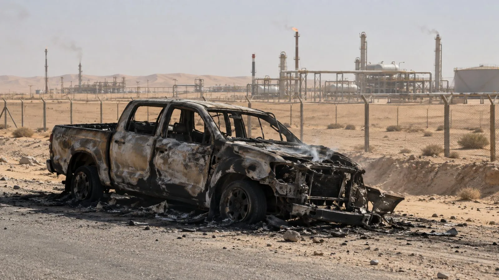 A scorched contractor vehicle sits outside the Shaybah oil field in Saudi Arabia. (AI-generated image / EconoTimes)