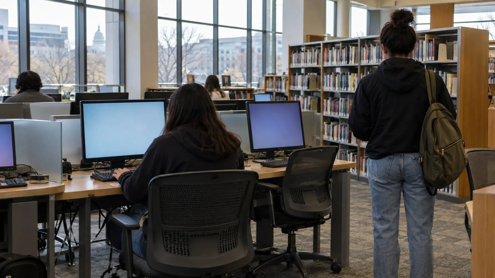 Young adults use computers at a public library in Washington, D.C. (AI-generated image / EconoTimes)