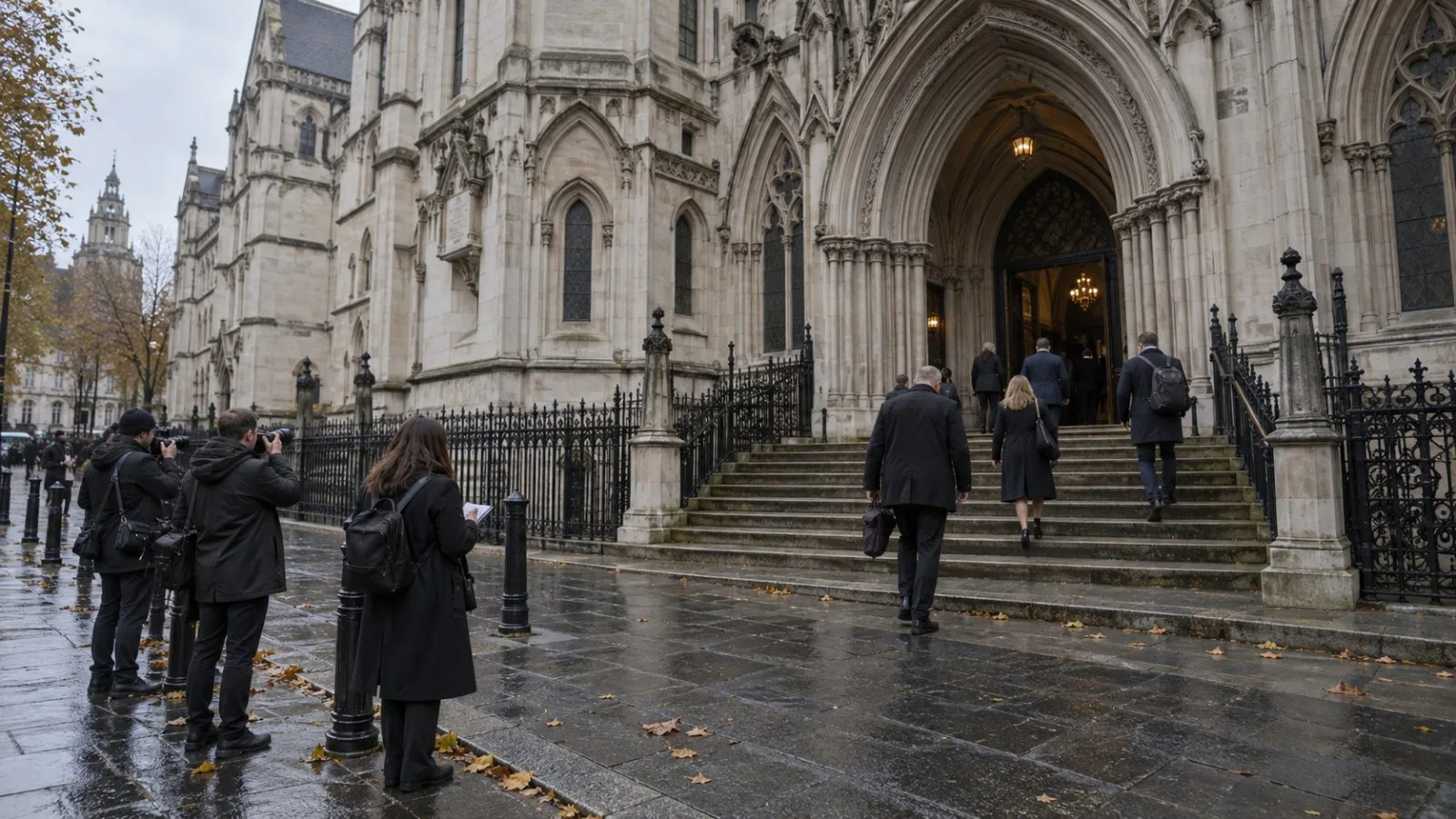 Reporters wait outside a courthouse during a harassment trial in London, England. (AI-generated image / EconoTimes)