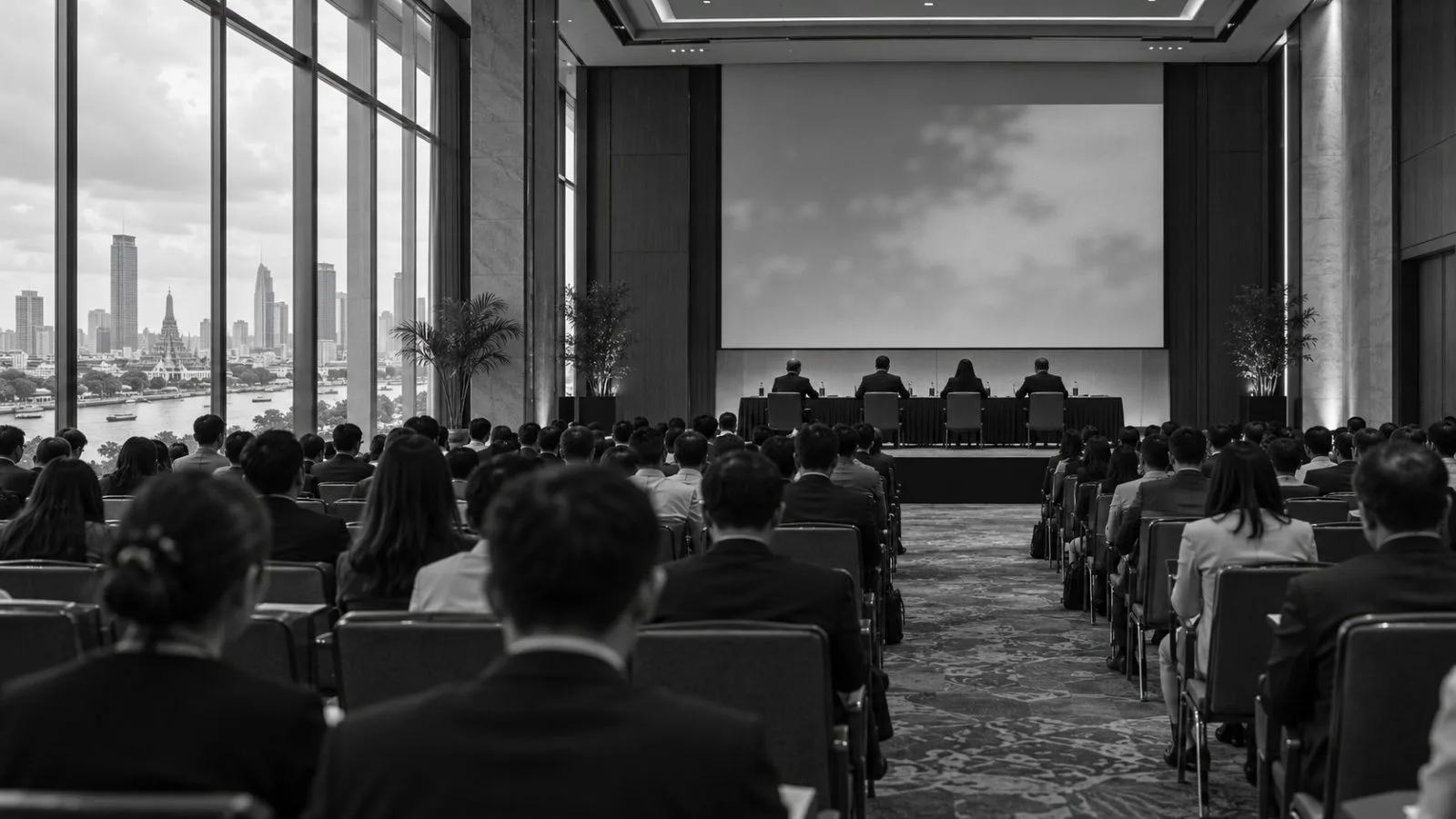 Delegates face a stage at a digital economy forum in Bangkok, Thailand. (AI-generated image / EconoTimes)