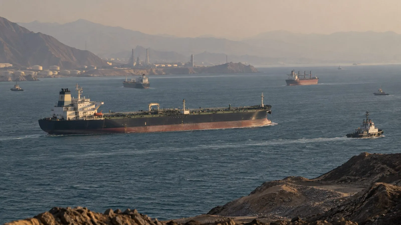 A tanker transits the Strait of Hormuz off Bandar Abbas, Iran, in hazy afternoon light. (AI-generated image / EconoTimes)