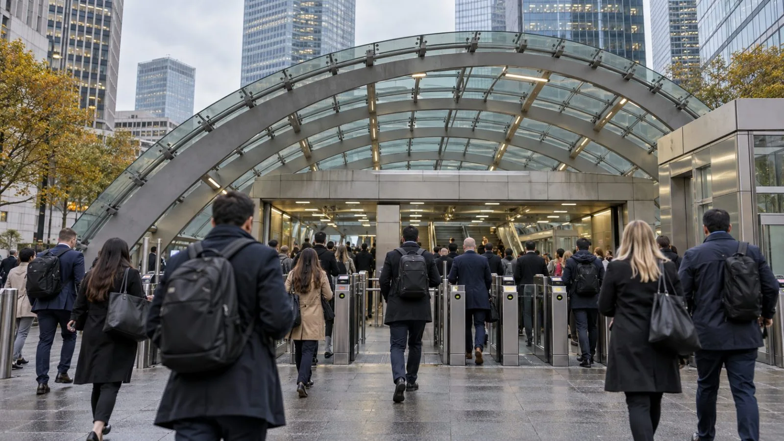 Commuters pass the ticket gates at Canary Wharf station in London on an overcast morning. (AI-generated image / EconoTimes)