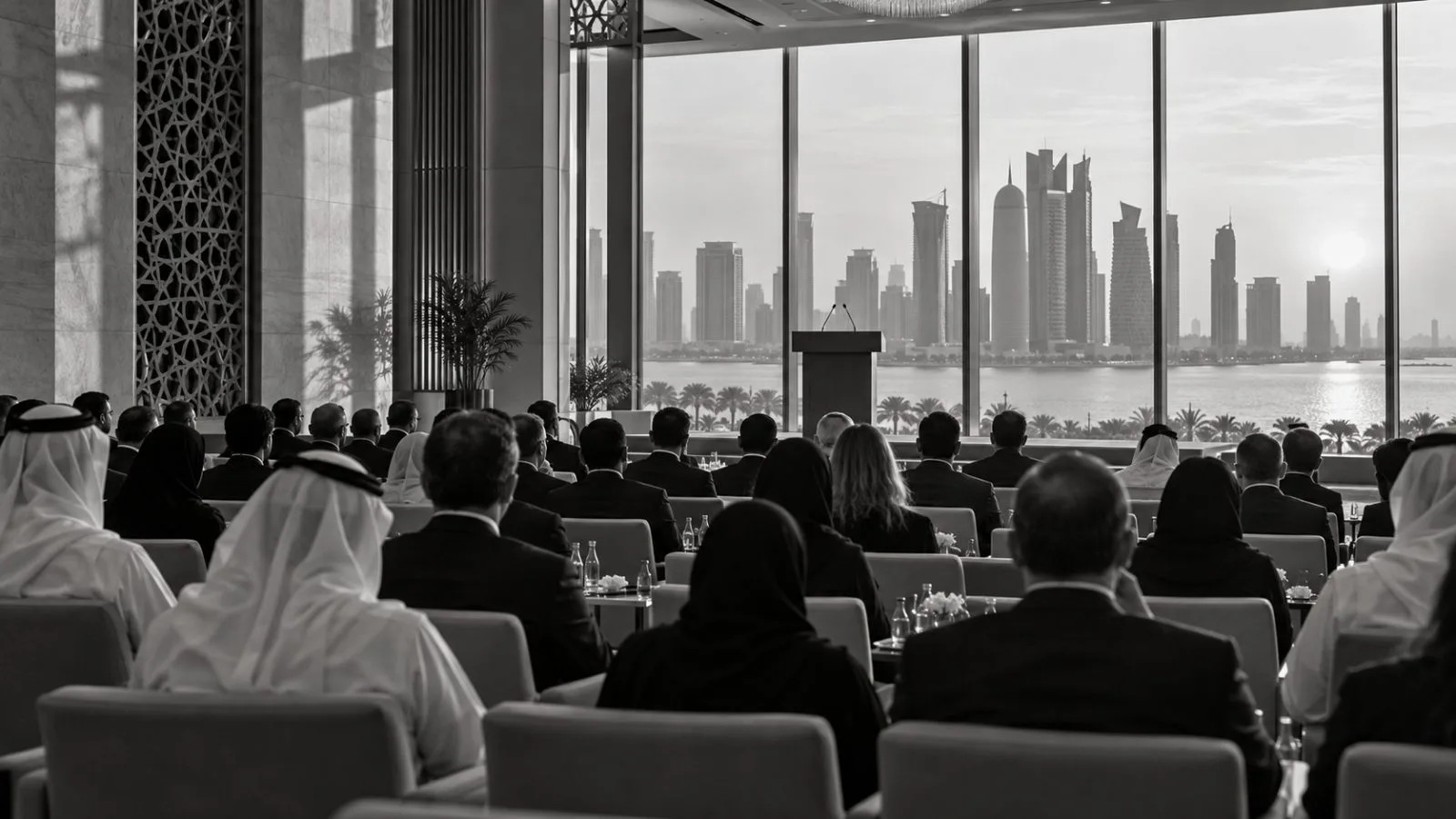 Delegates face a lectern at the Global Security Forum in Doha, Qatar. (AI-generated image / EconoTimes)