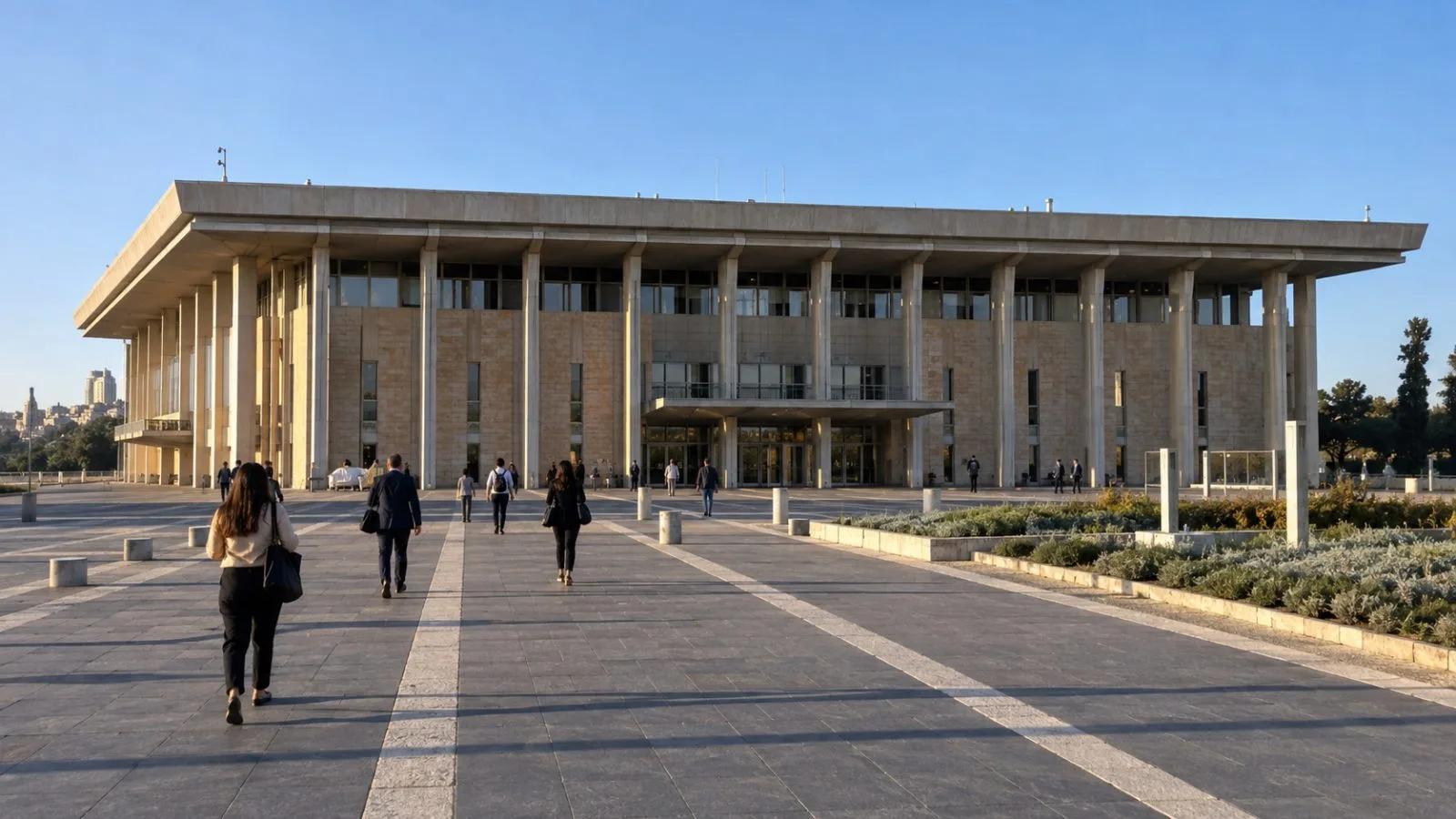 Pedestrians cross the forecourt outside the Knesset in Jerusalem ahead of Israel’s election. (AI-generated image / EconoTimes)