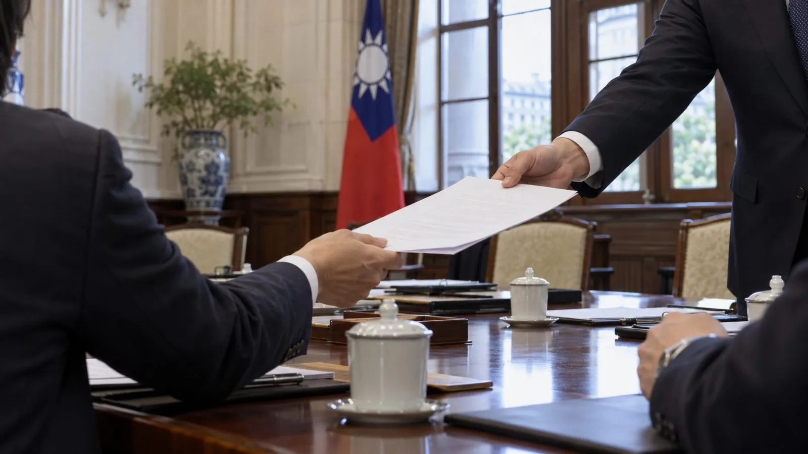 Delegates present a statement inside Taiwan’s Presidential Office in Taipei. (AI-generated image / EconoTimes)
